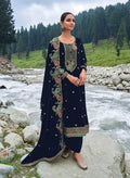 Lorenvalley Fashion Women Blue Velvet Embroidered Salwar Suit Material