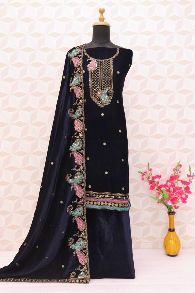 Lorenvalley Fashion Women Blue Velvet Embroidered Salwar Suit Material