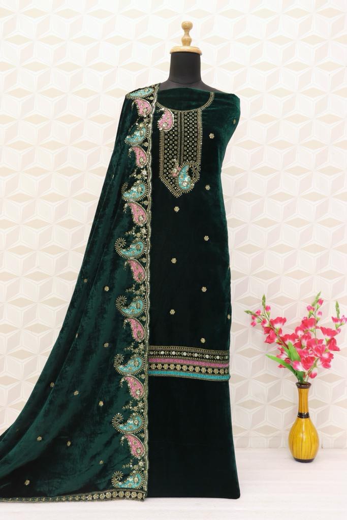 Lorenvalley Fashion Women Green Velvet Embroidered Salwar Suit Material
