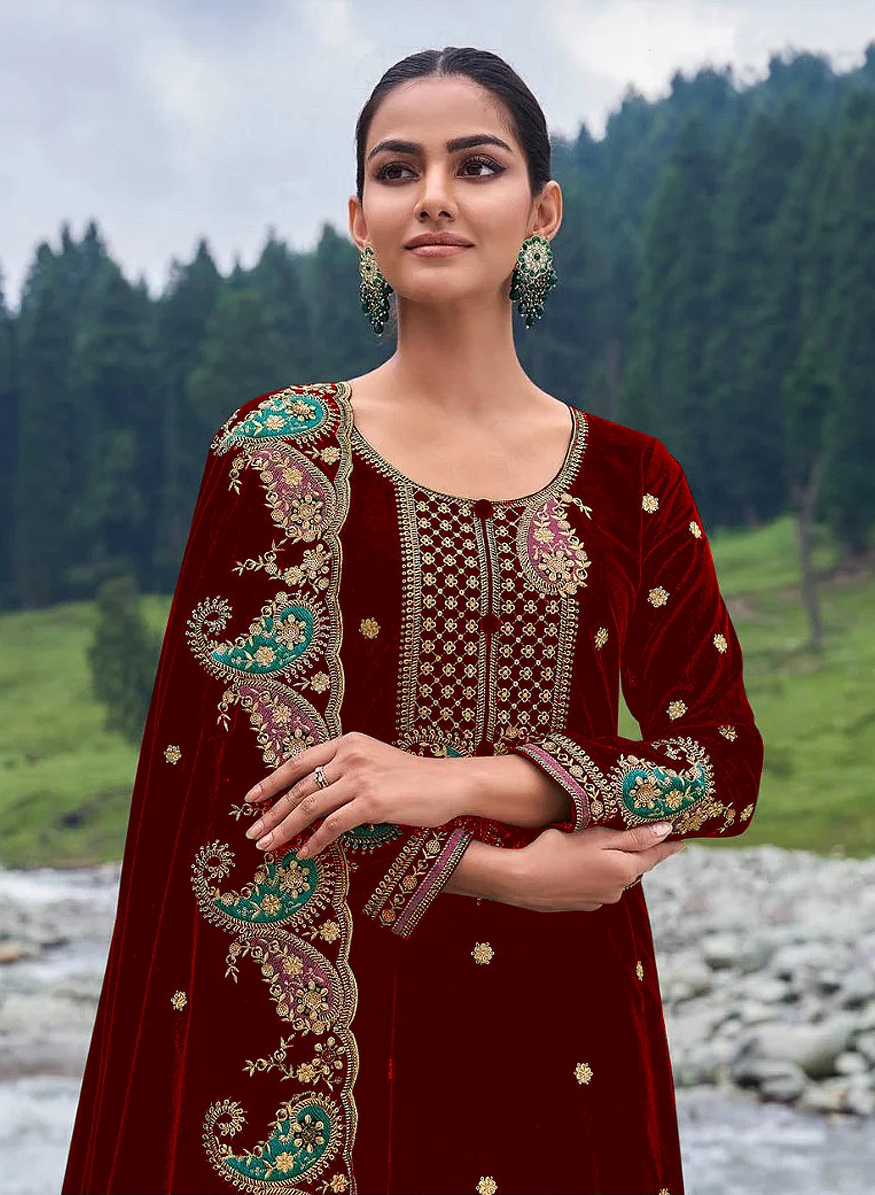 Lorenvalley Fashion Women Maroon Velvet Embroidered Salwar Suit Material