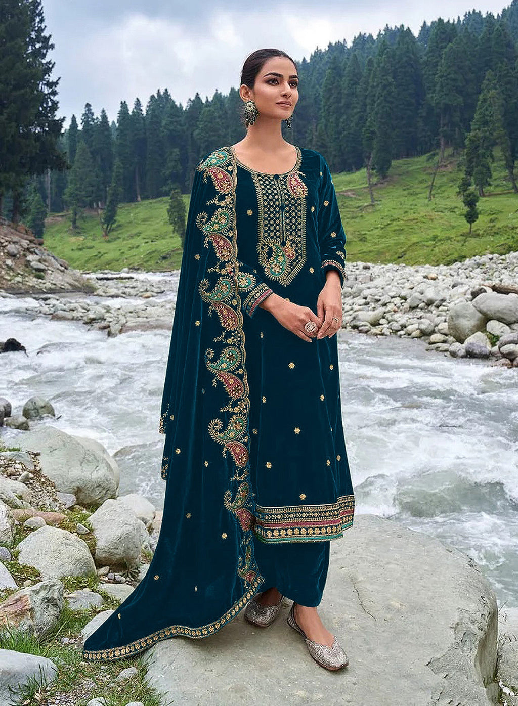 Lorenvalley Fashion Women Rama Velvet Embroidered Salwar Suit Material