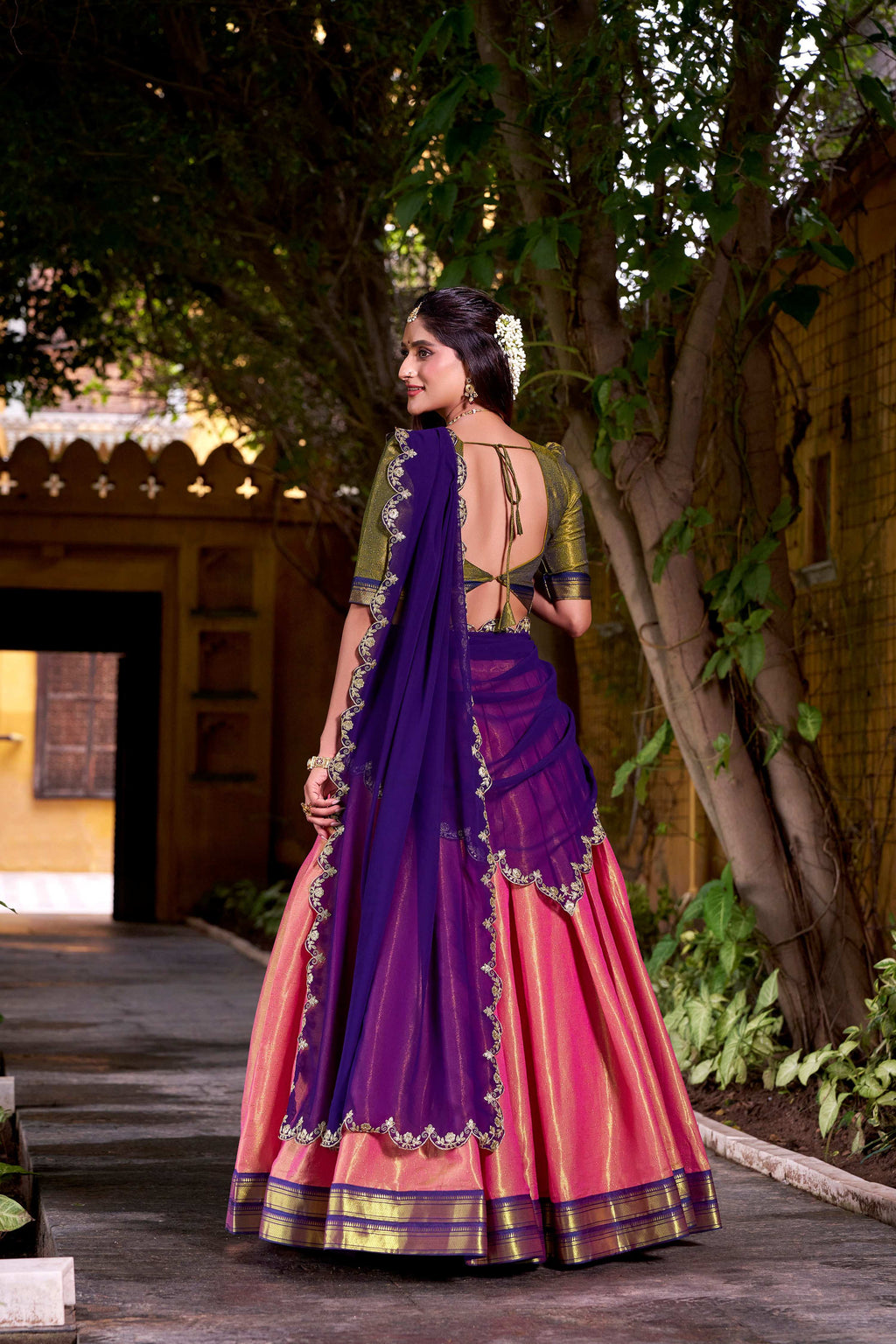 Lorenvalley Fashion Pink Kanchipuram Zari Weaving Work Lehenga Choli with Dupatta