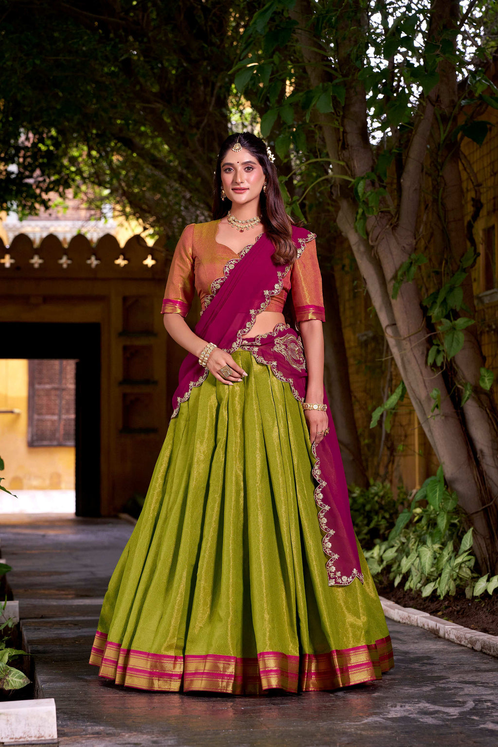 Lorenvalley Fashion Pista Kanchipuram Zari Weaving Work Lehenga Choli with Dupatta