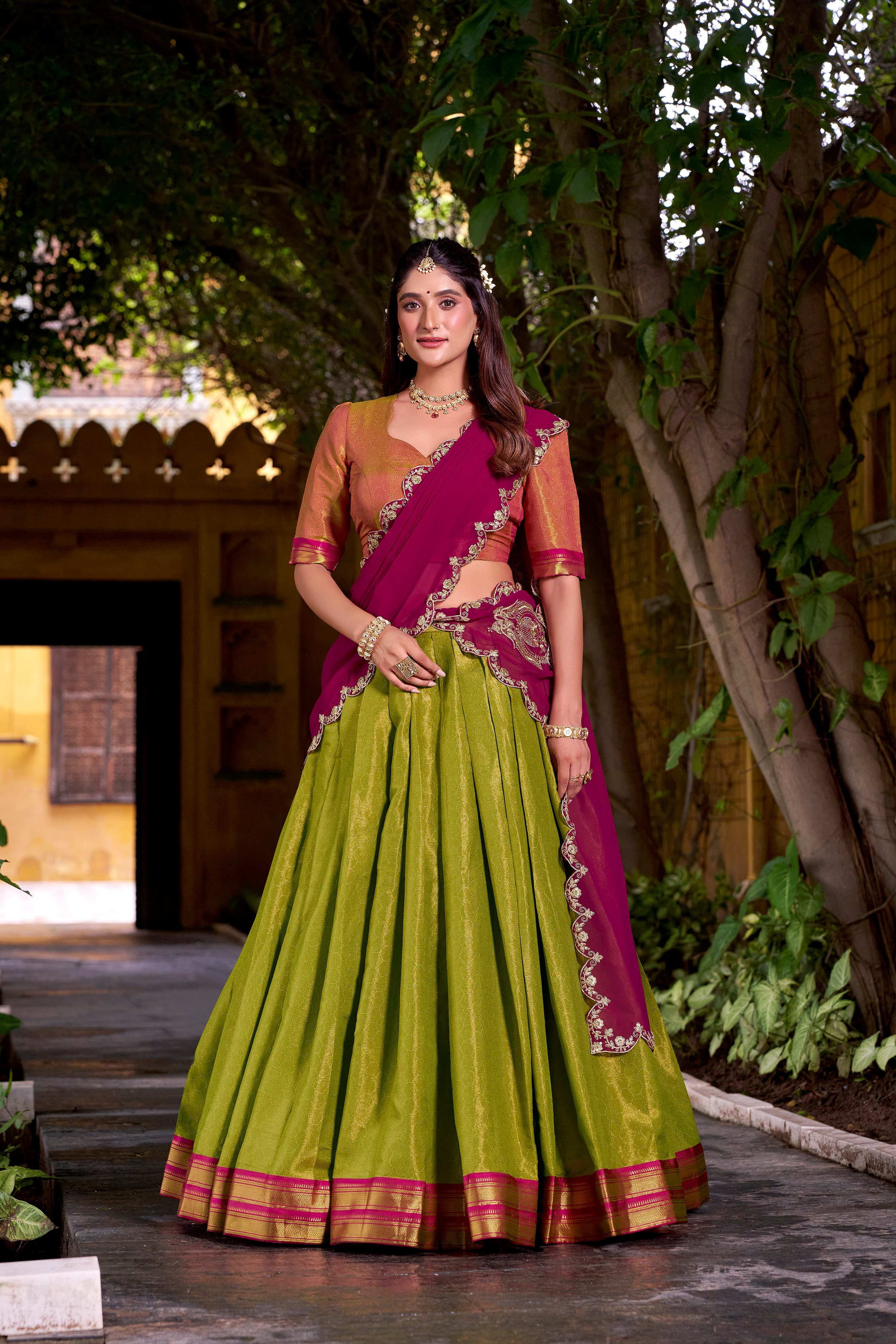 Lorenvalley Fashion Pista Kanchipuram Zari Weaving Work Lehenga Choli with Dupatta
