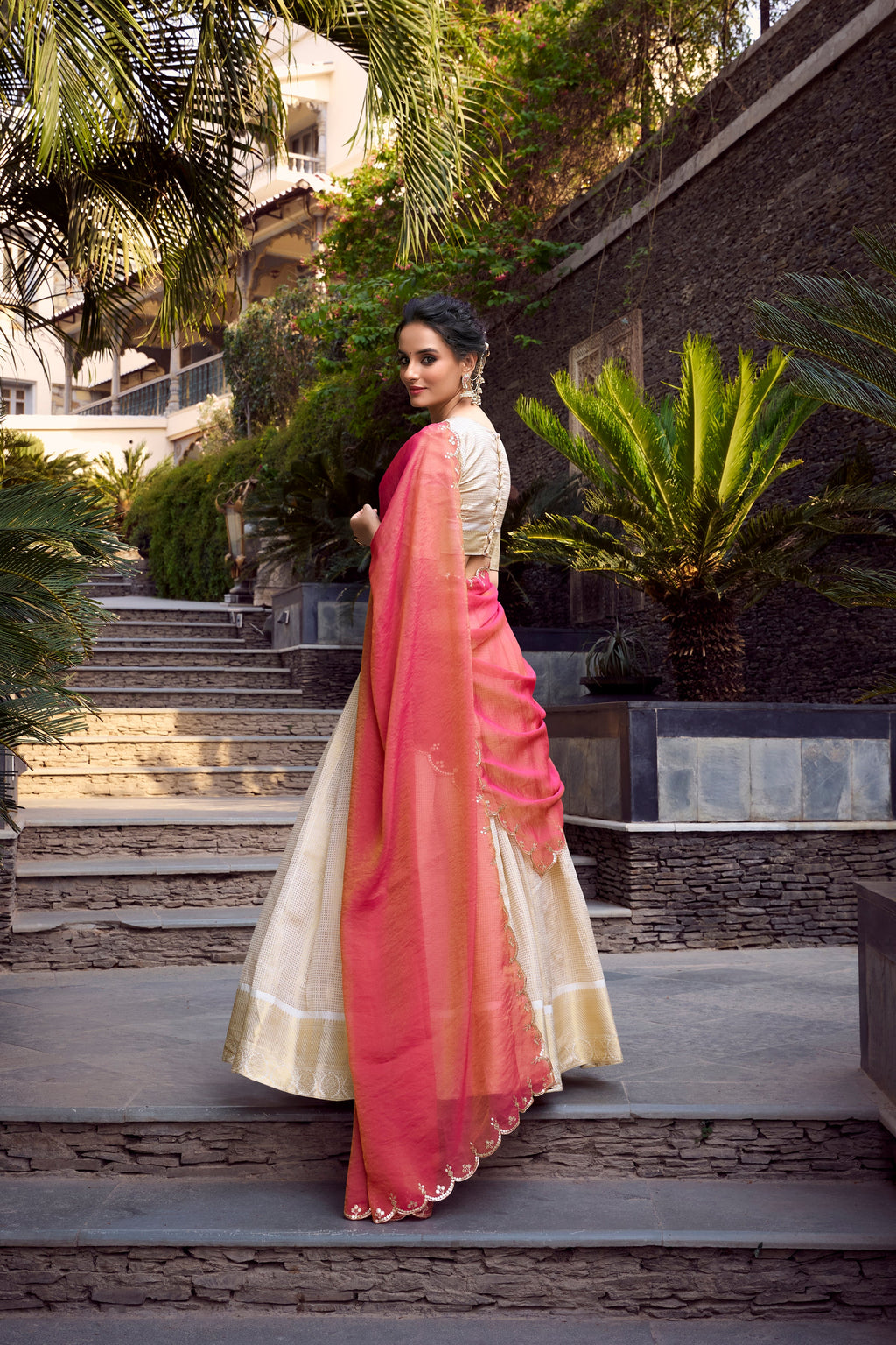 Lorenvalley Offwhite Jacquard Chex Zari Weaving Work Lehenga Choli with Dupatta