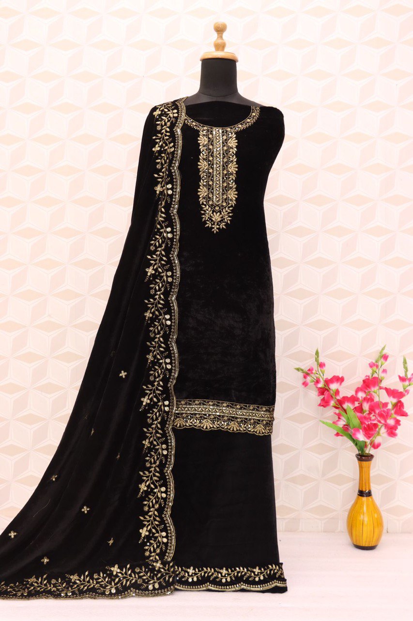 Lorenvalley Fashion Women Black Velvet Embroidered Salwar Suit Material
