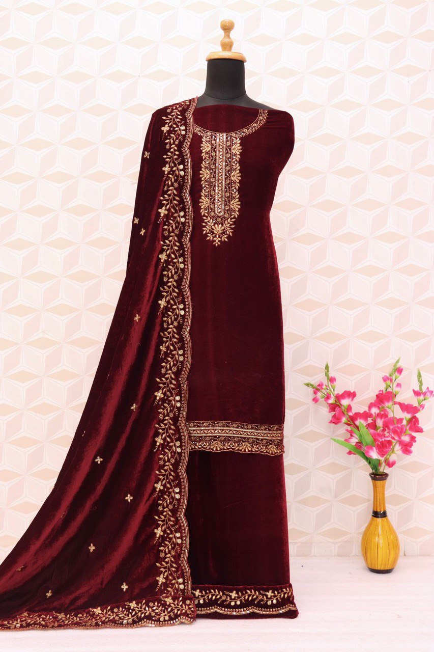 Lorenvalley Fashion Women Maroon Velvet Embroidered Salwar Suit Material