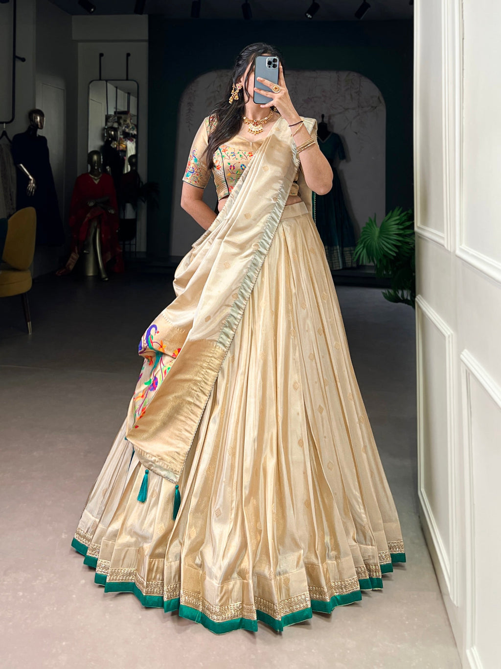 Lorenvalley Fashion Cream Shimmer Paithani Zari Weaving Work Lehenga Choli with Dupatta