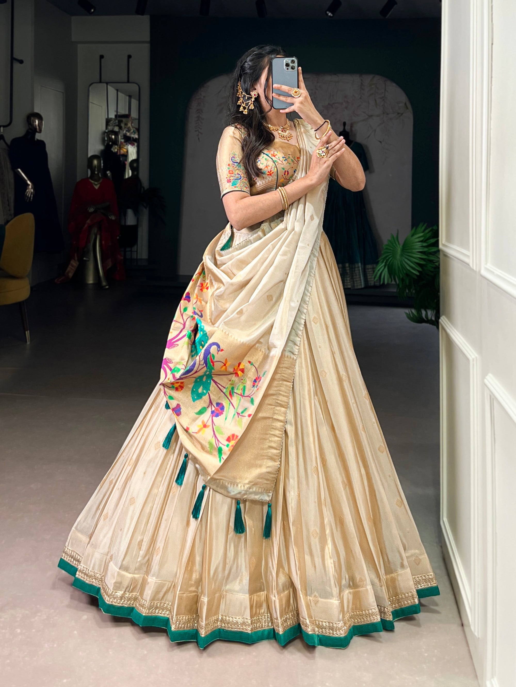 Lorenvalley Fashion Cream Shimmer Paithani Zari Weaving Work Lehenga Choli with Dupatta