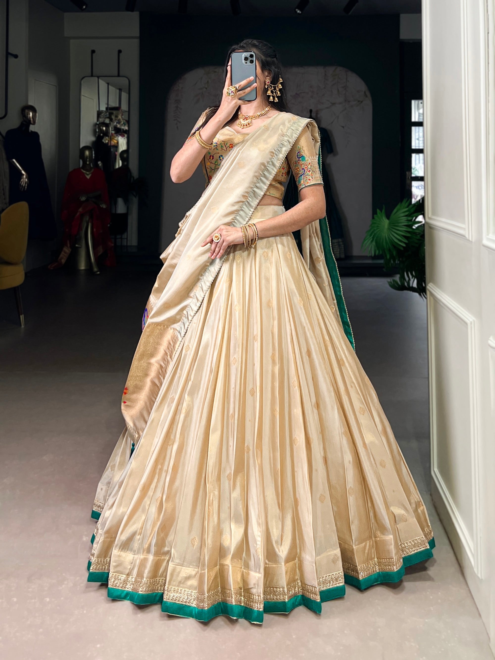 Lorenvalley Fashion Cream Shimmer Paithani Zari Weaving Work Lehenga Choli with Dupatta