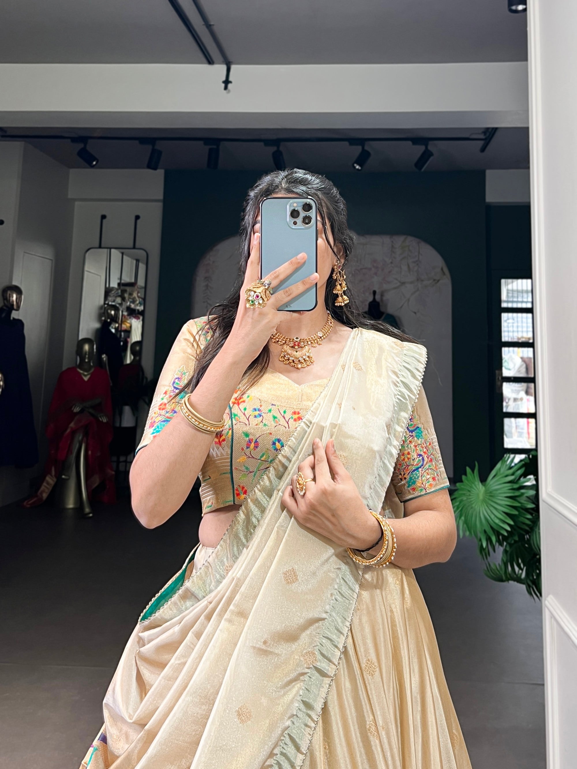 Lorenvalley Fashion Cream Shimmer Paithani Zari Weaving Work Lehenga Choli with Dupatta