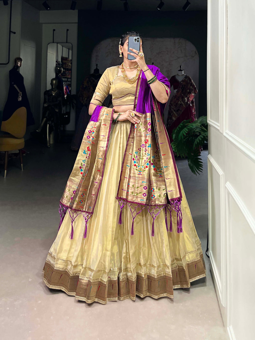 Lorenvalley Cream Erode Plain With Paithani Lace Border Lehenga Choli with Dupatta