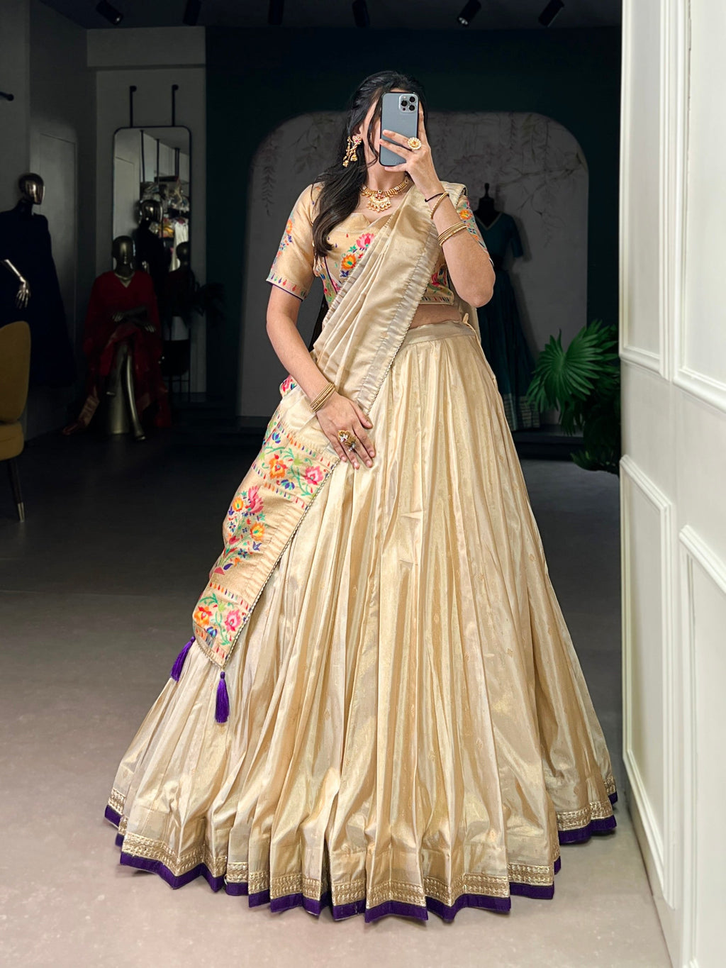 Lorenvalley Fashion Cream Shimmer Paithani Zari Weaving Work Lehenga Choli with Dupatta