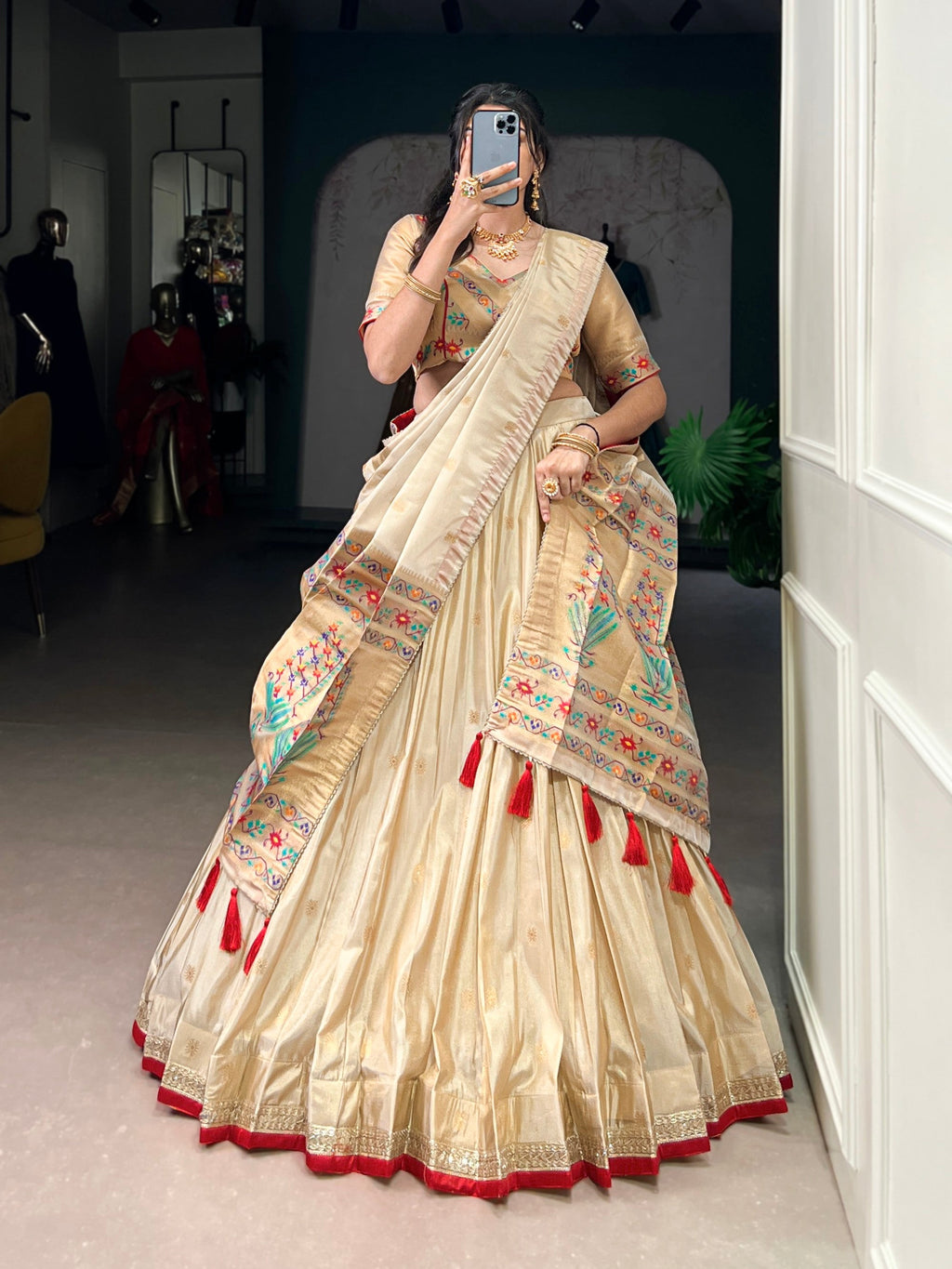 Lorenvalley Fashion Cream Shimmer Paithani Zari Weaving Work Lehenga Choli with Dupatta