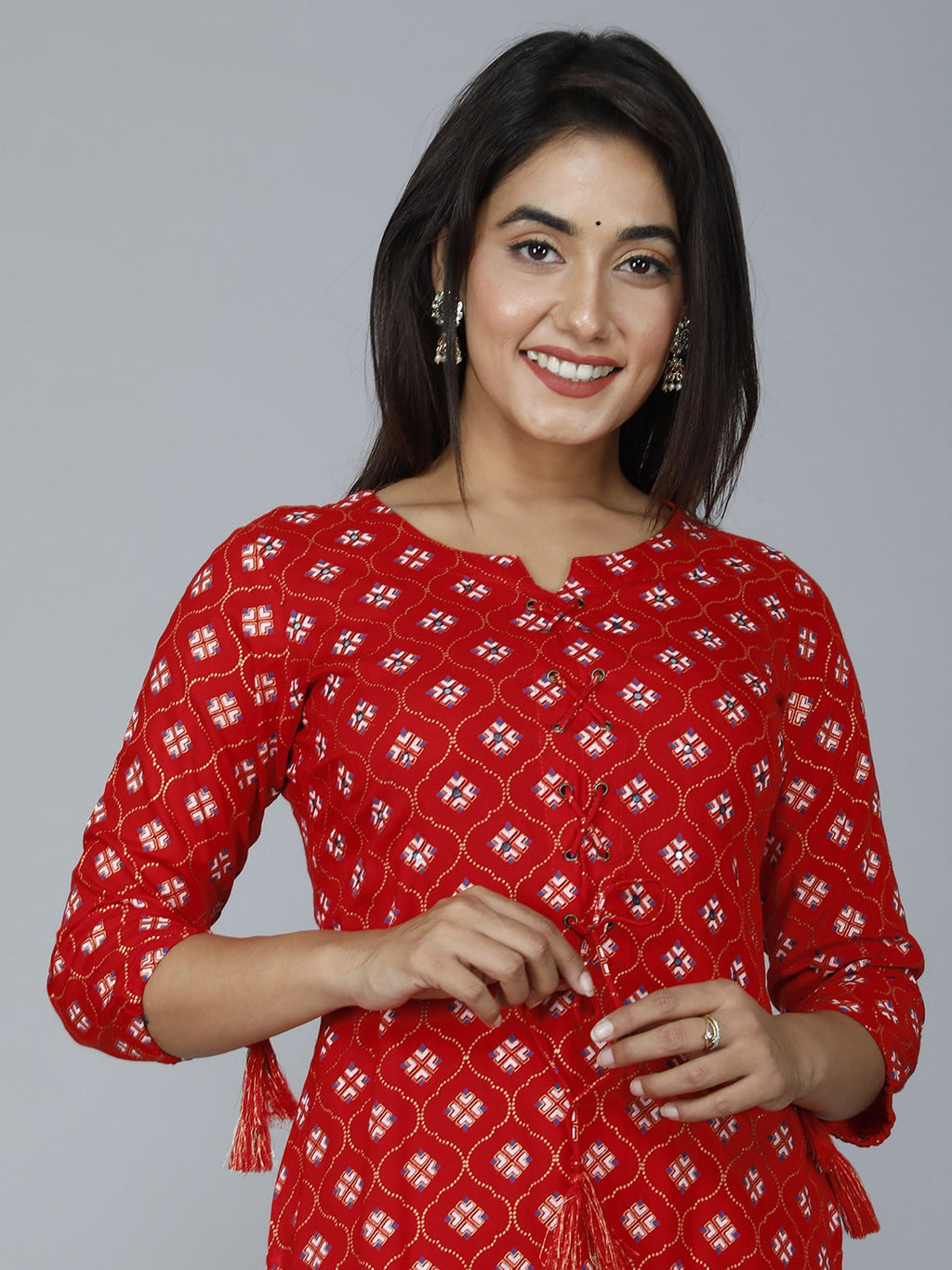 HERE&NOW Women Red Ethnic Motifs Printed Mirror Work Kurta
