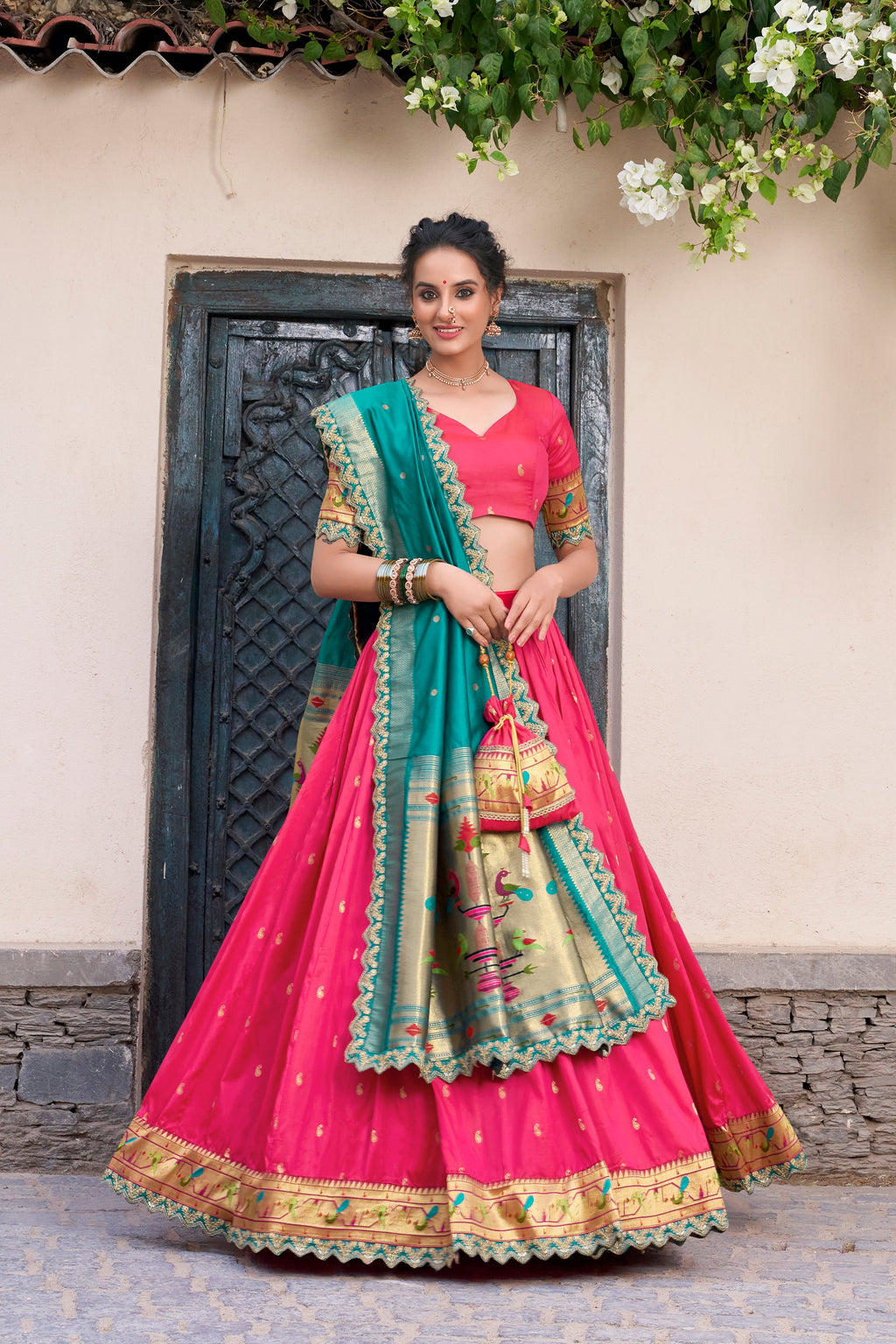 Lorenvalley Pink Jacquard Silk Paithani Zari Weaving Work With Sequins and Thread Embroidery Scallop Lace Border Lehenga Choli with Dupatta