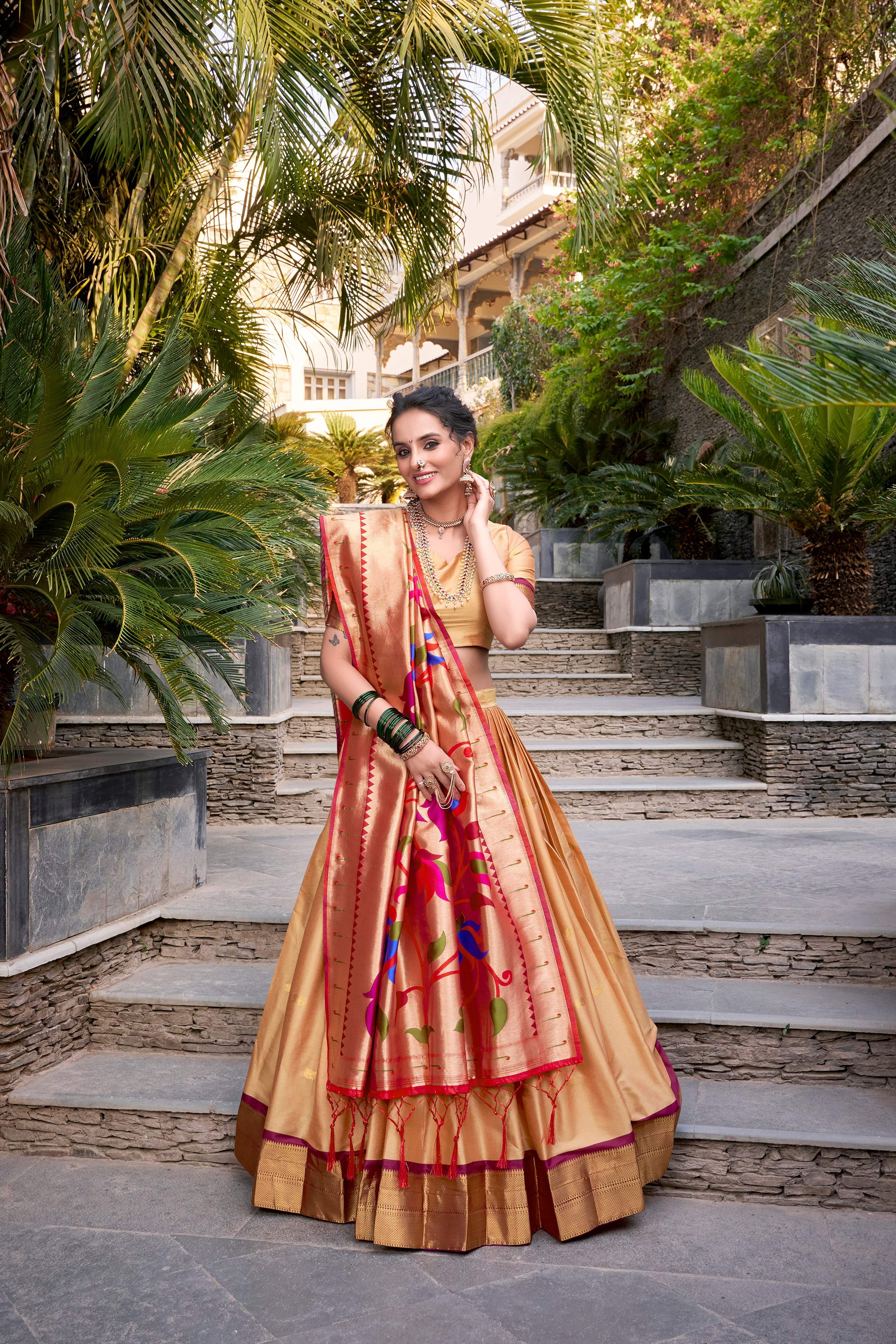 Lorenvalley Chiku Jacquard Silk Paithani Zari Weaving Work Lehenga Choli with Dupatta