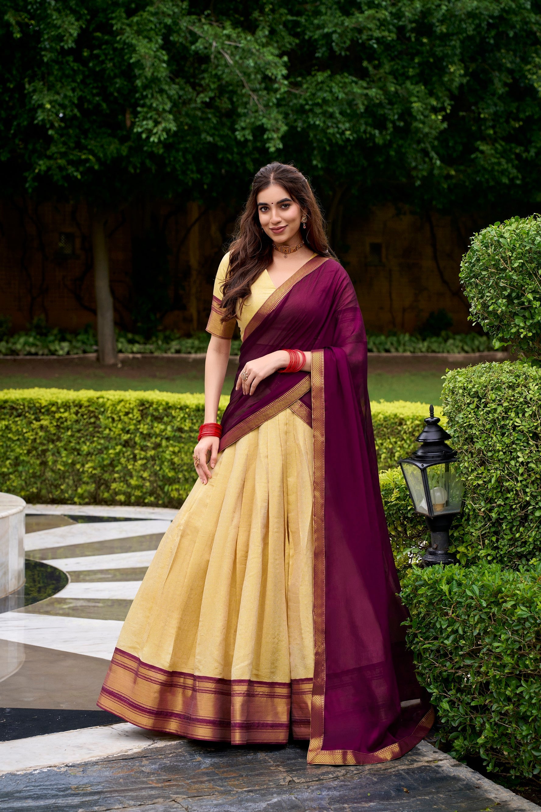 Lorenvalley Fashion Cream Kanchipuram Zari Weaving Work Lehenga Choli with Dupatta