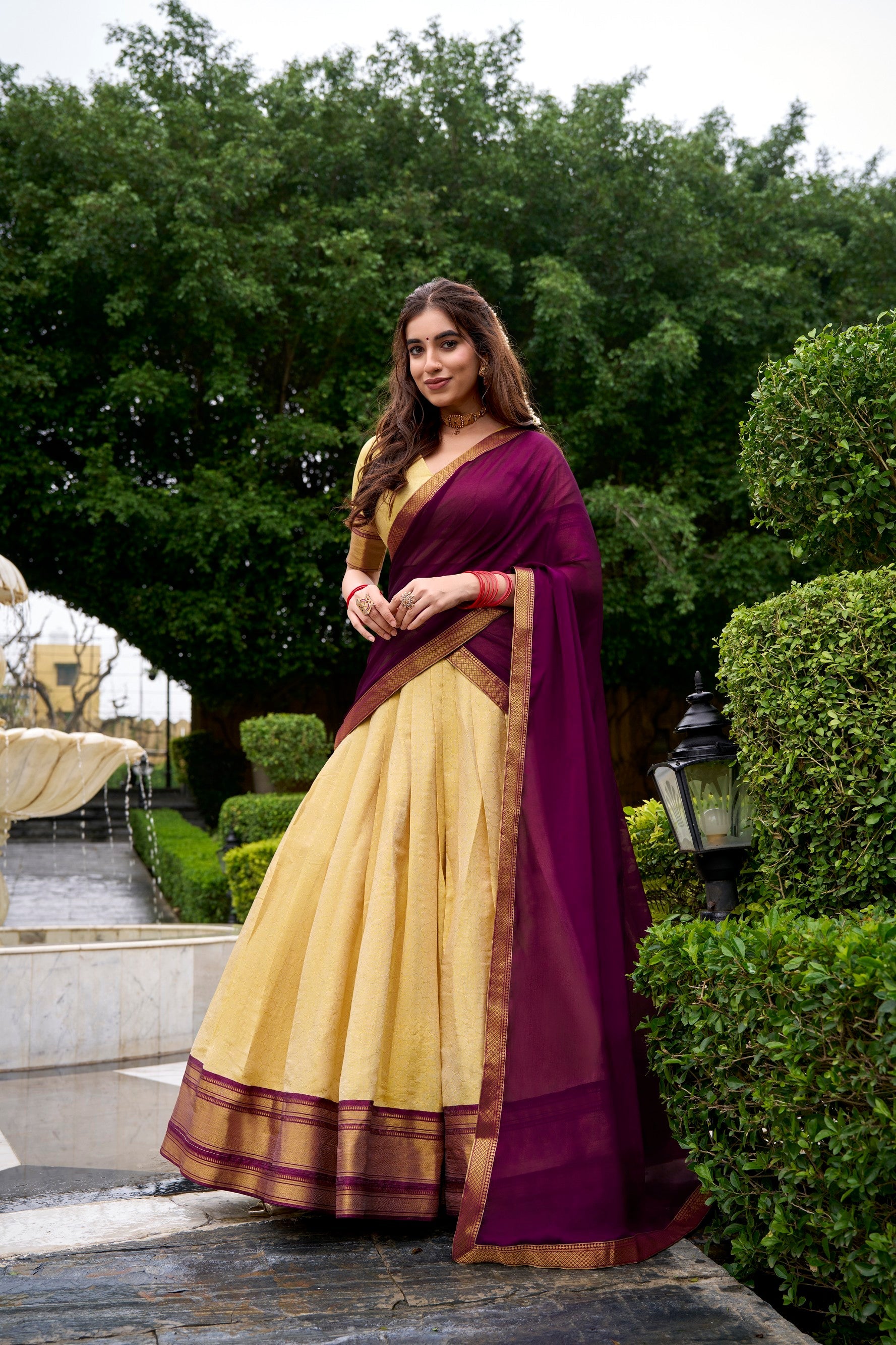 Lorenvalley Fashion Cream Kanchipuram Zari Weaving Work Lehenga Choli with Dupatta