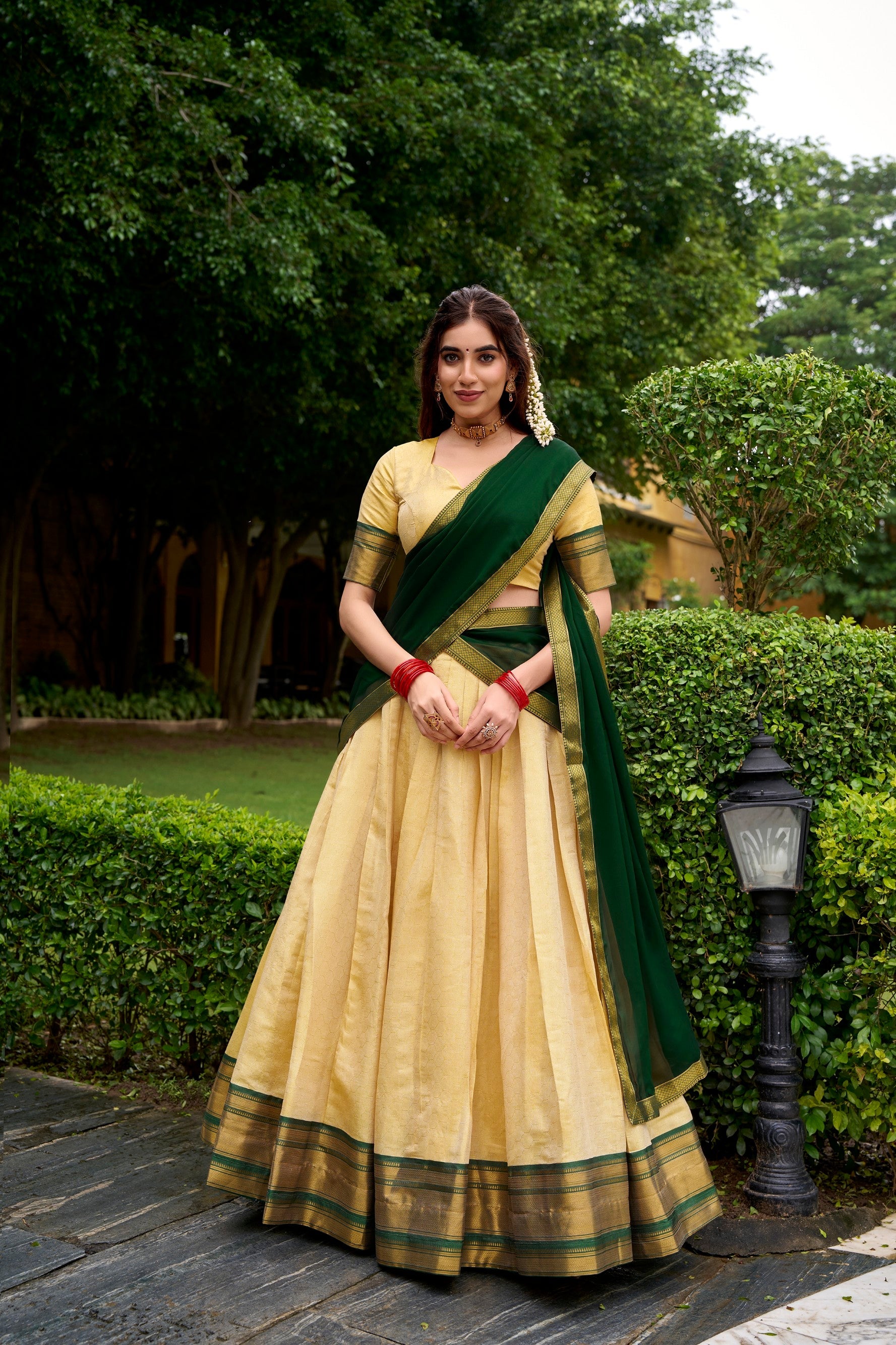 Lorenvalley Fashion Cream Kanchipuram Zari Weaving Work Lehenga Choli with Dupatta