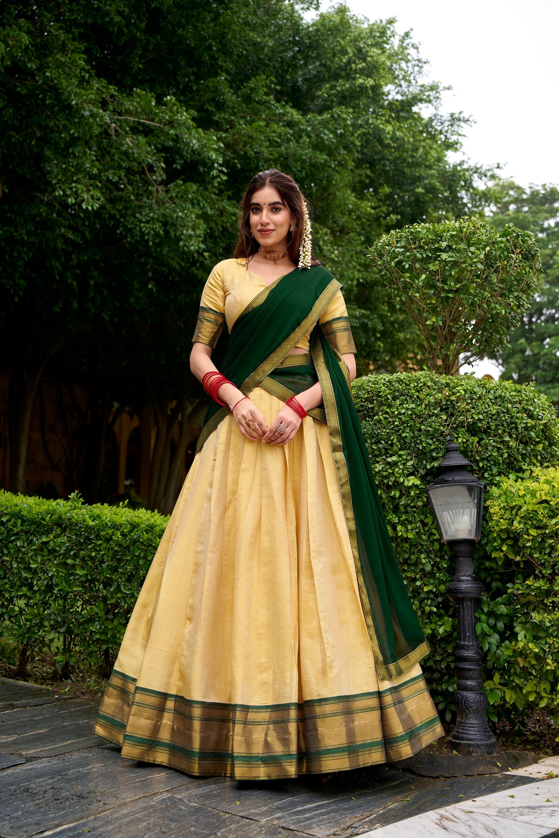 Lorenvalley Fashion Cream Kanchipuram Zari Weaving Work Lehenga Choli with Dupatta