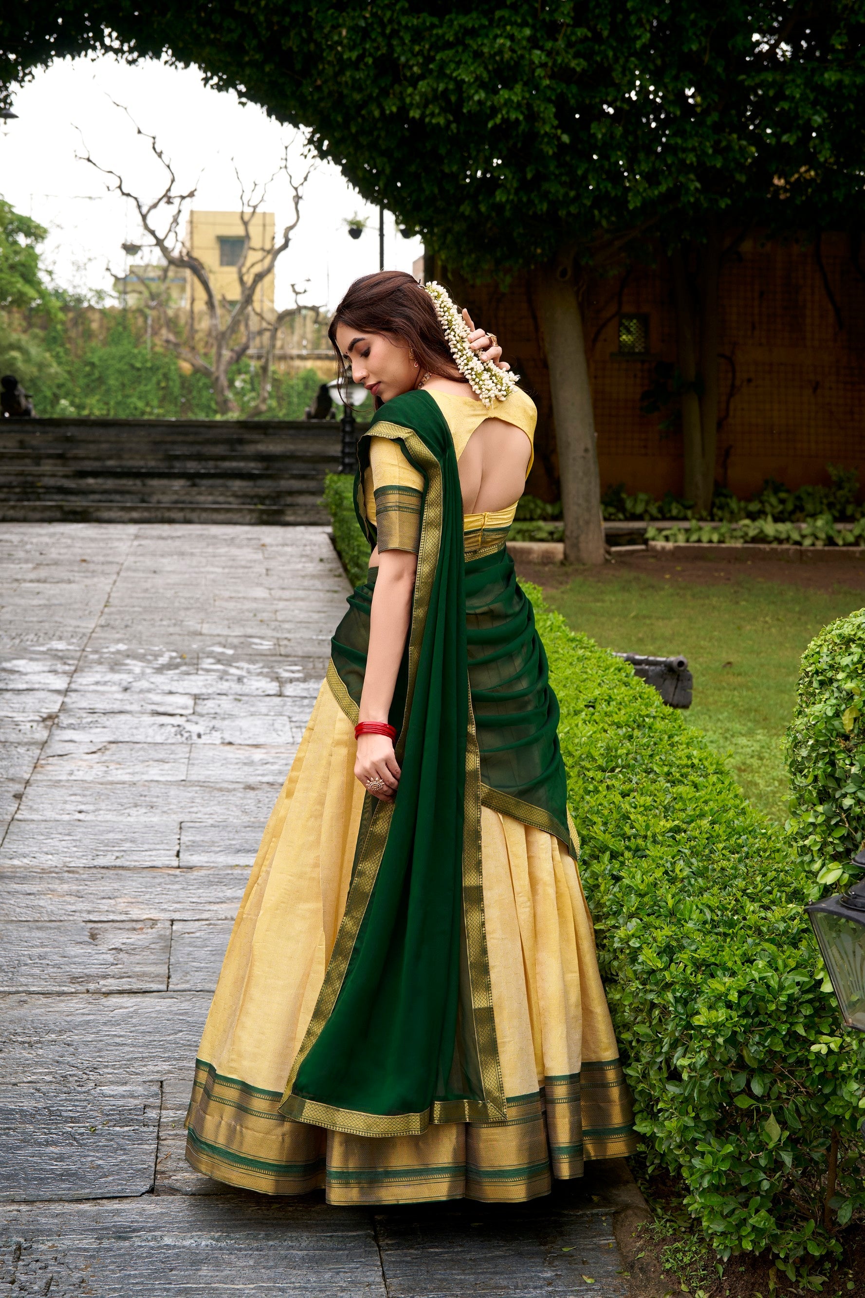 Lorenvalley Fashion Cream Kanchipuram Zari Weaving Work Lehenga Choli with Dupatta