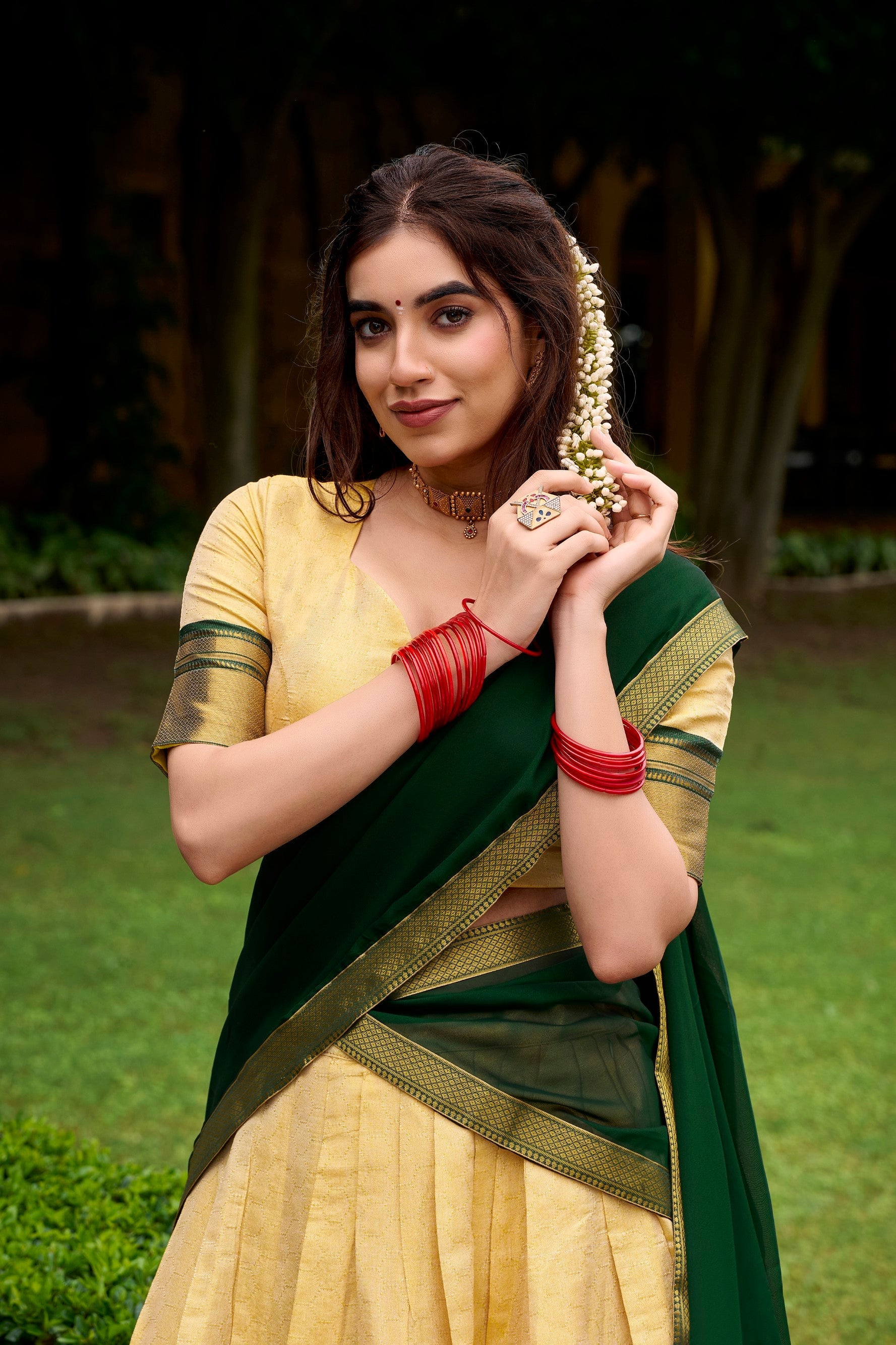 Lorenvalley Fashion Cream Kanchipuram Zari Weaving Work Lehenga Choli with Dupatta