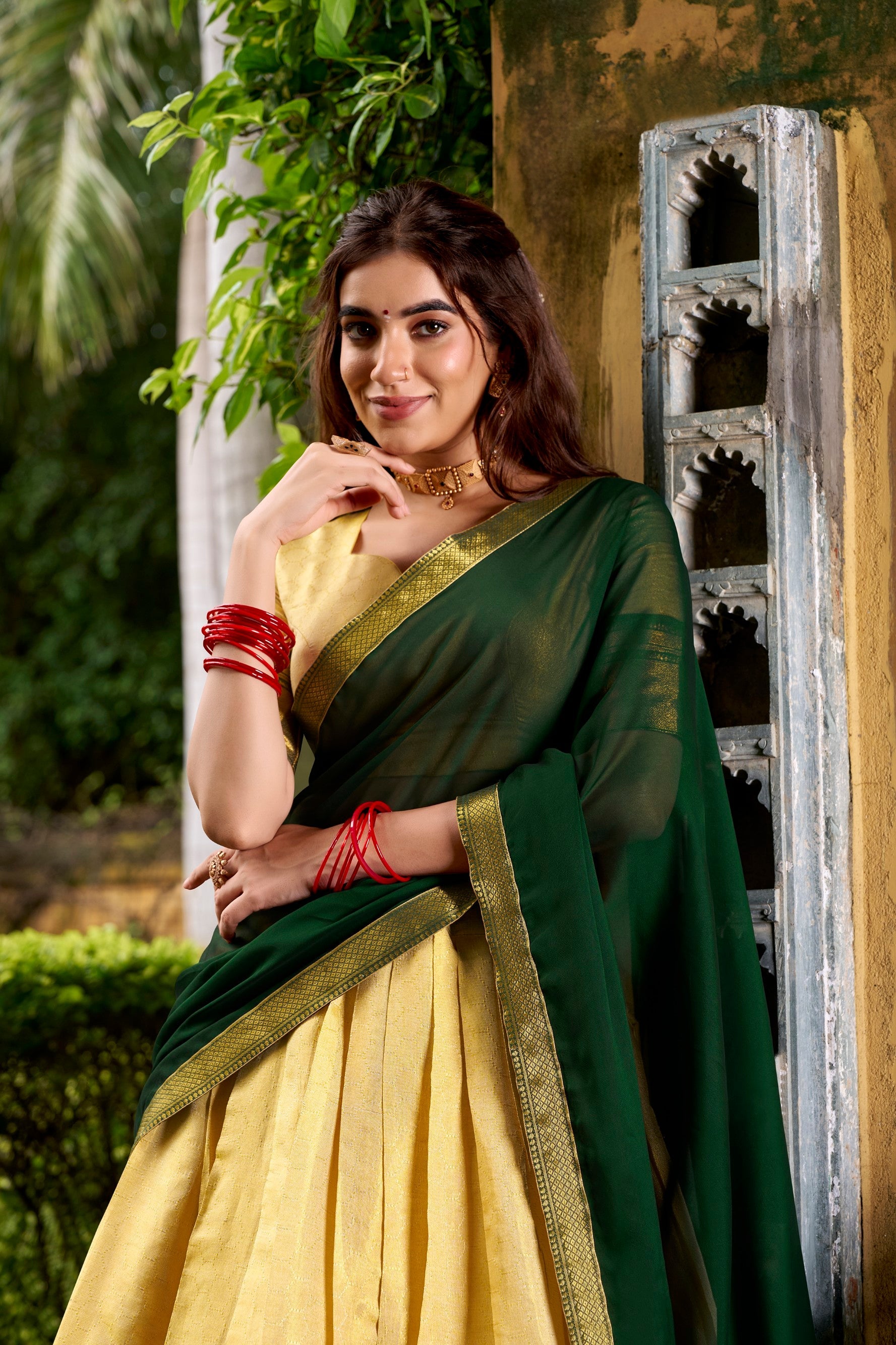 Lorenvalley Fashion Cream Kanchipuram Zari Weaving Work Lehenga Choli with Dupatta