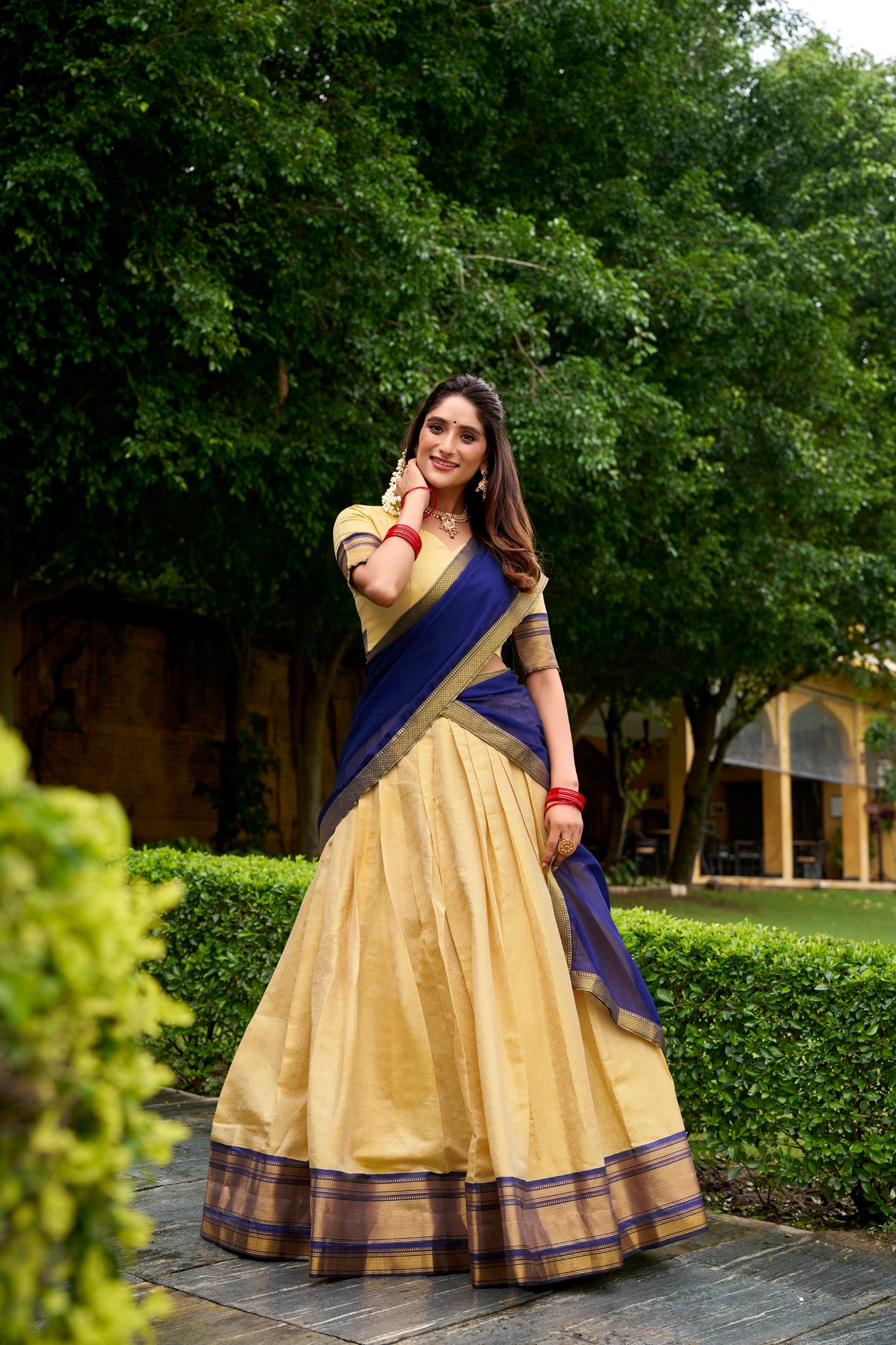 Lorenvalley Fashion Cream Kanchipuram Zari Weaving Work Lehenga Choli with Dupatta