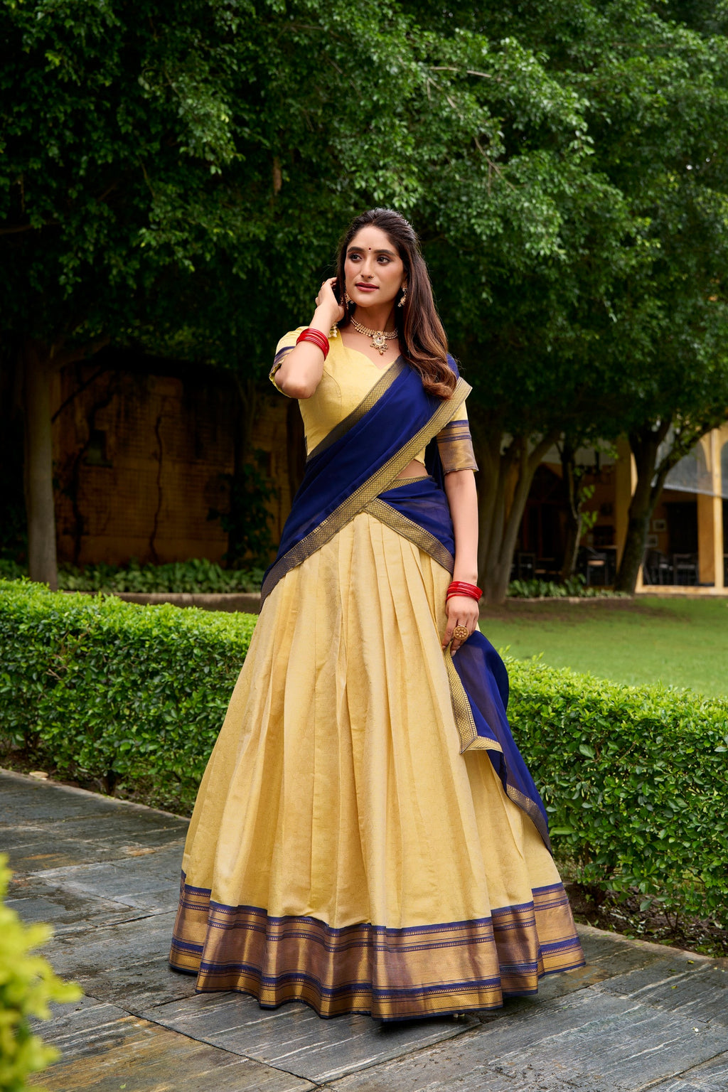 Lorenvalley Fashion Cream Kanchipuram Zari Weaving Work Lehenga Choli with Dupatta