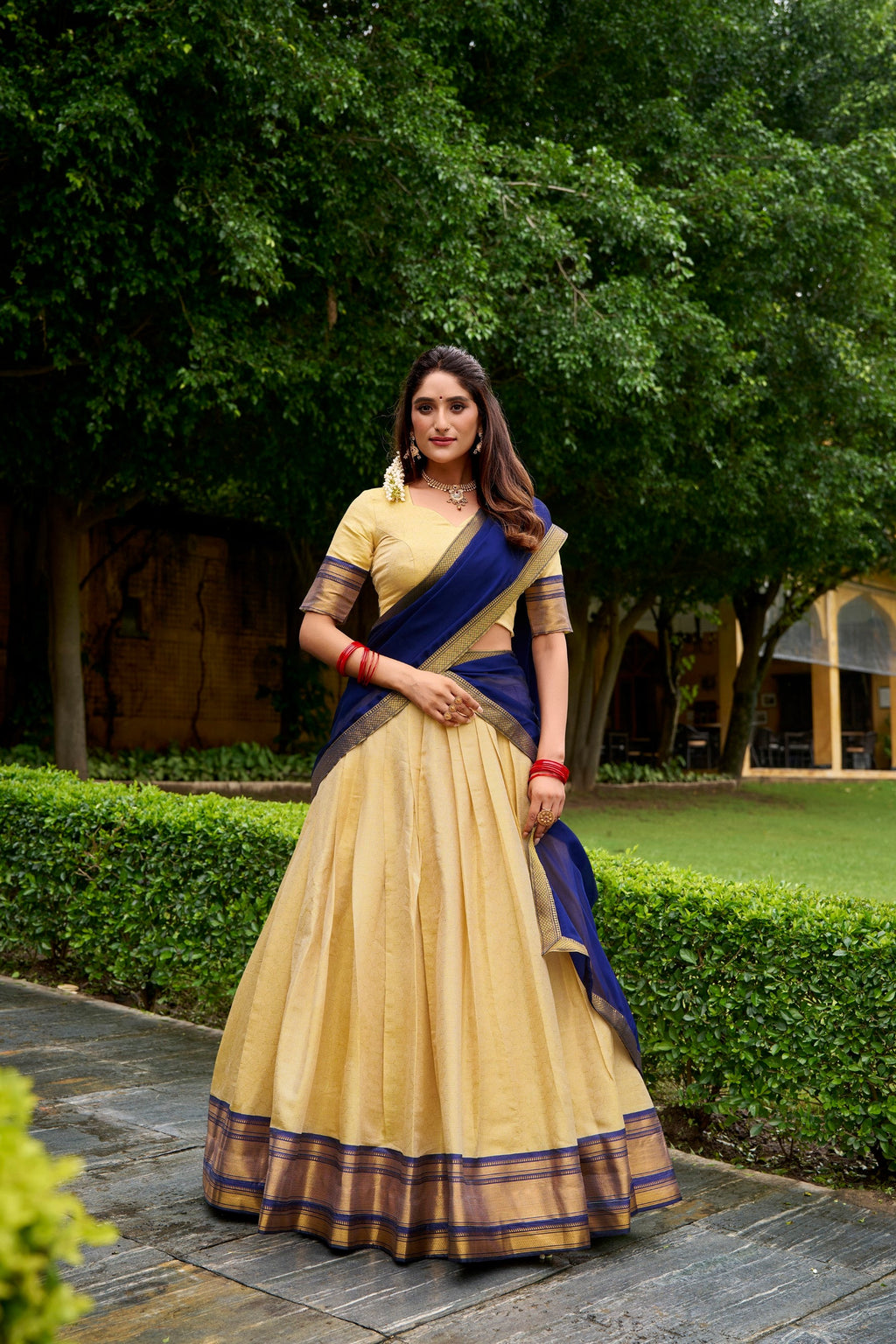 Lorenvalley Fashion Cream Kanchipuram Zari Weaving Work Lehenga Choli with Dupatta