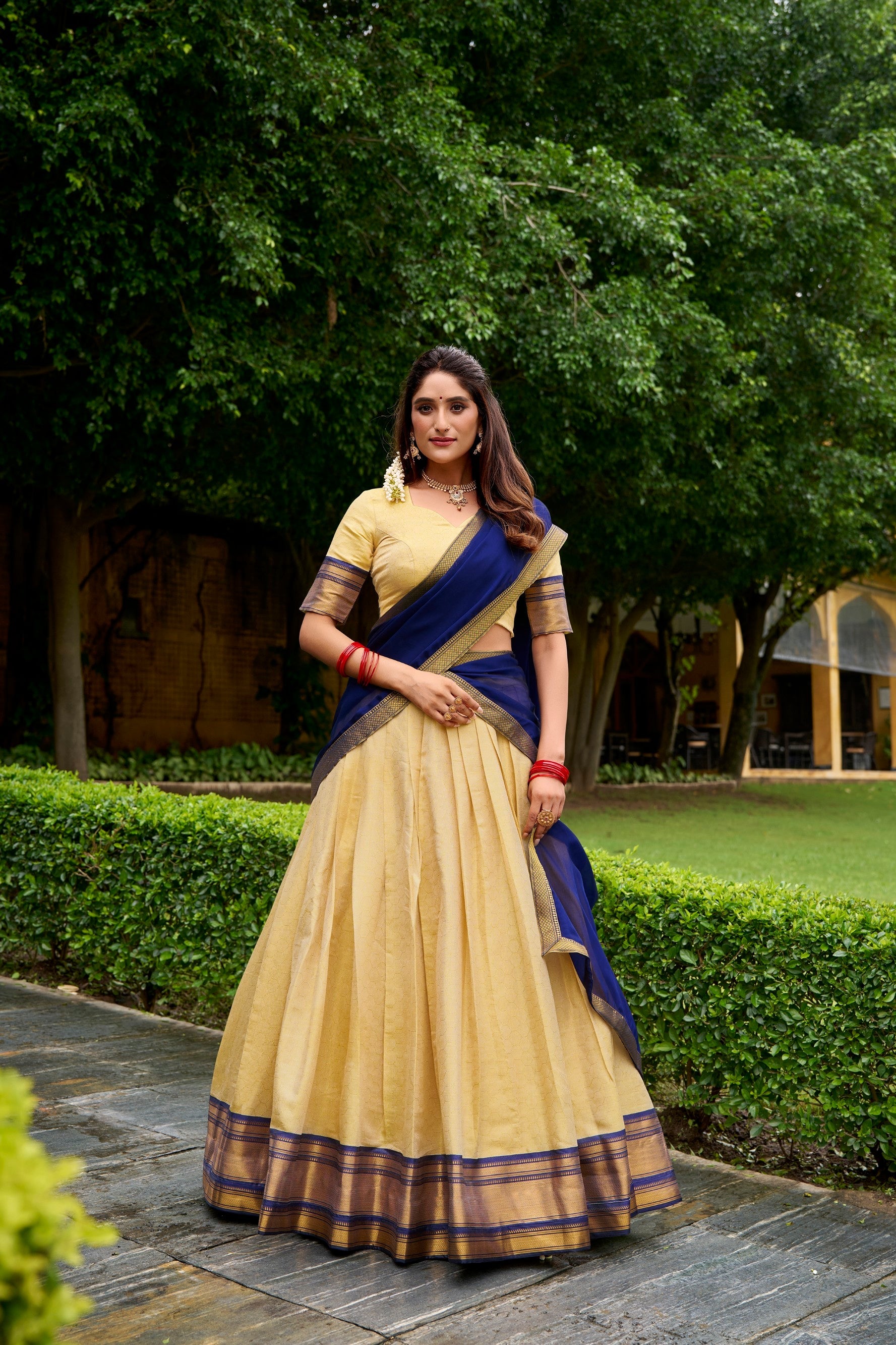Lorenvalley Fashion Cream Kanchipuram Zari Weaving Work Lehenga Choli with Dupatta