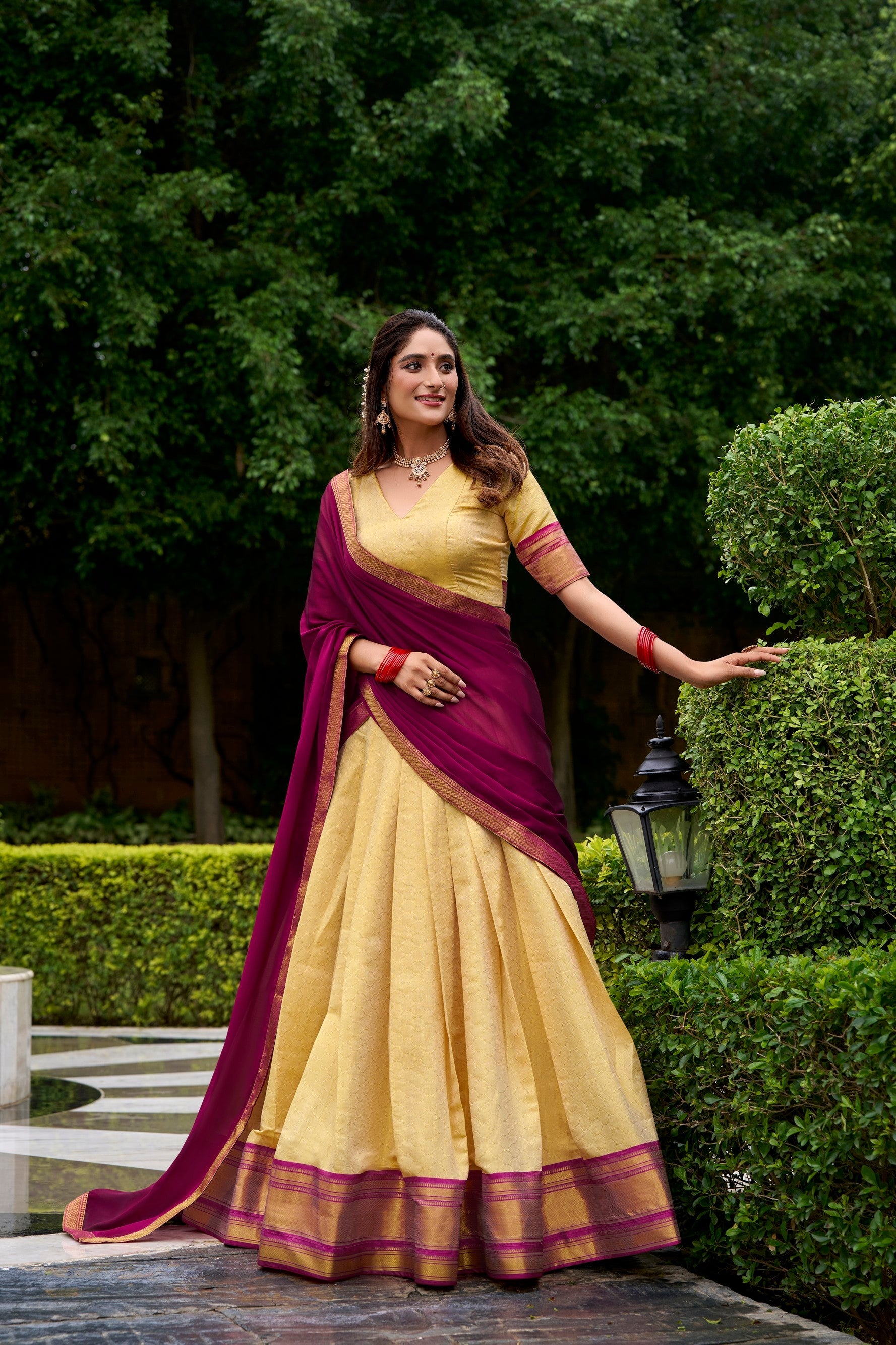 Lorenvalley Fashion Cream Kanchipuram Zari Weaving Work Lehenga Choli with Dupatta