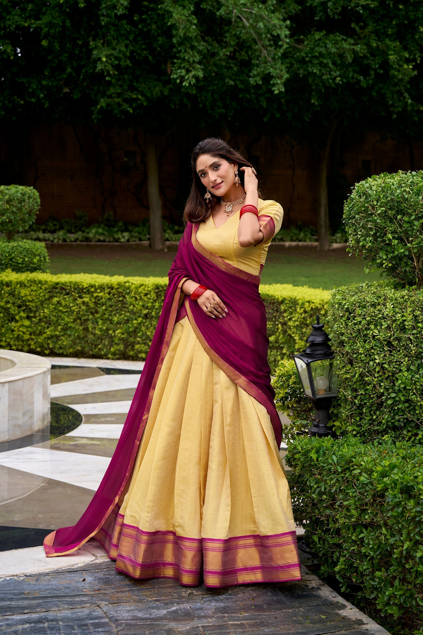 Lorenvalley Fashion Cream Kanchipuram Zari Weaving Work Lehenga Choli with Dupatta
