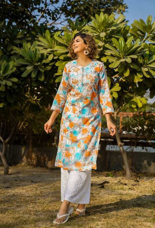 Rangreza Ethnic Leela Mulmul Chikankari Kurta Orange