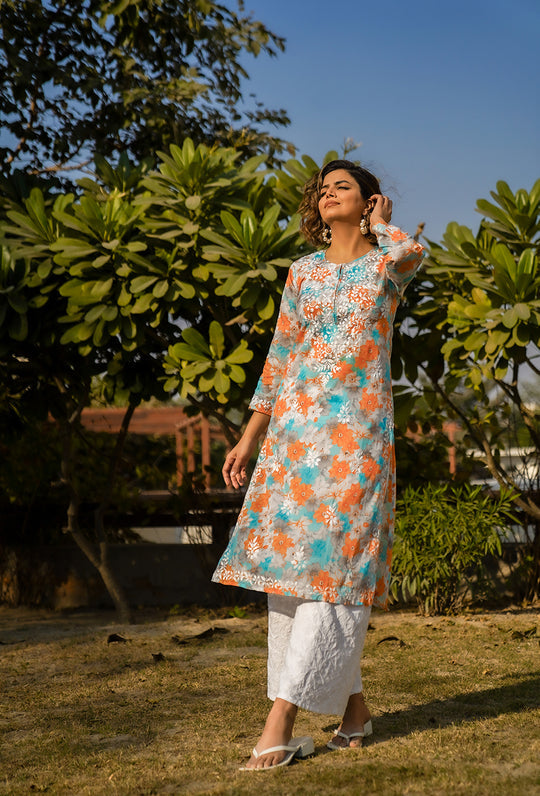 Rangreza Ethnic Leela Mulmul Chikankari Kurta Orange