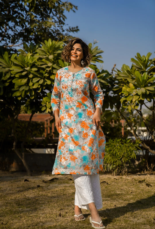 Rangreza Ethnic Leela Mulmul Chikankari Kurta Orange