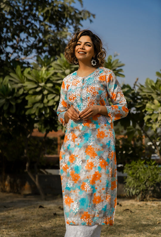 Rangreza Ethnic Leela Mulmul Chikankari Kurta Orange