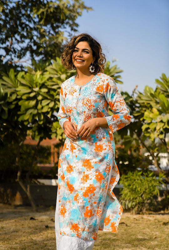 Rangreza Ethnic Leela Mulmul Chikankari Kurta Orange