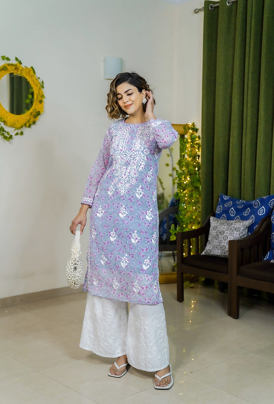 Rangreza Ethnic Eliza Georgette Chikankari Kurta With Inner (Set Of 2) Lavender