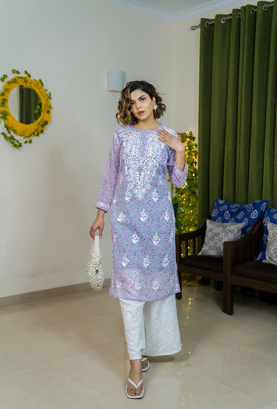 Rangreza Ethnic Eliza Georgette Chikankari Kurta With Inner (Set Of 2) Lavender