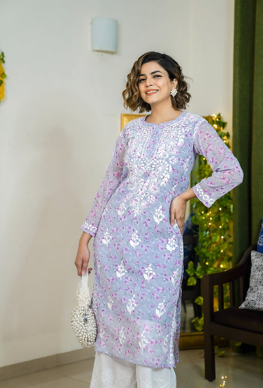Rangreza Ethnic Eliza Georgette Chikankari Kurta With Inner (Set Of 2) Lavender