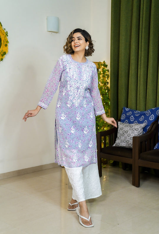 Rangreza Ethnic Eliza Georgette Chikankari Kurta With Inner (Set Of 2) Lavender