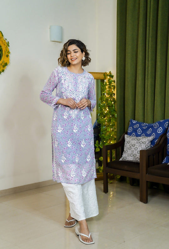 Rangreza Ethnic Eliza Georgette Chikankari Kurta With Inner (Set Of 2) Lavender