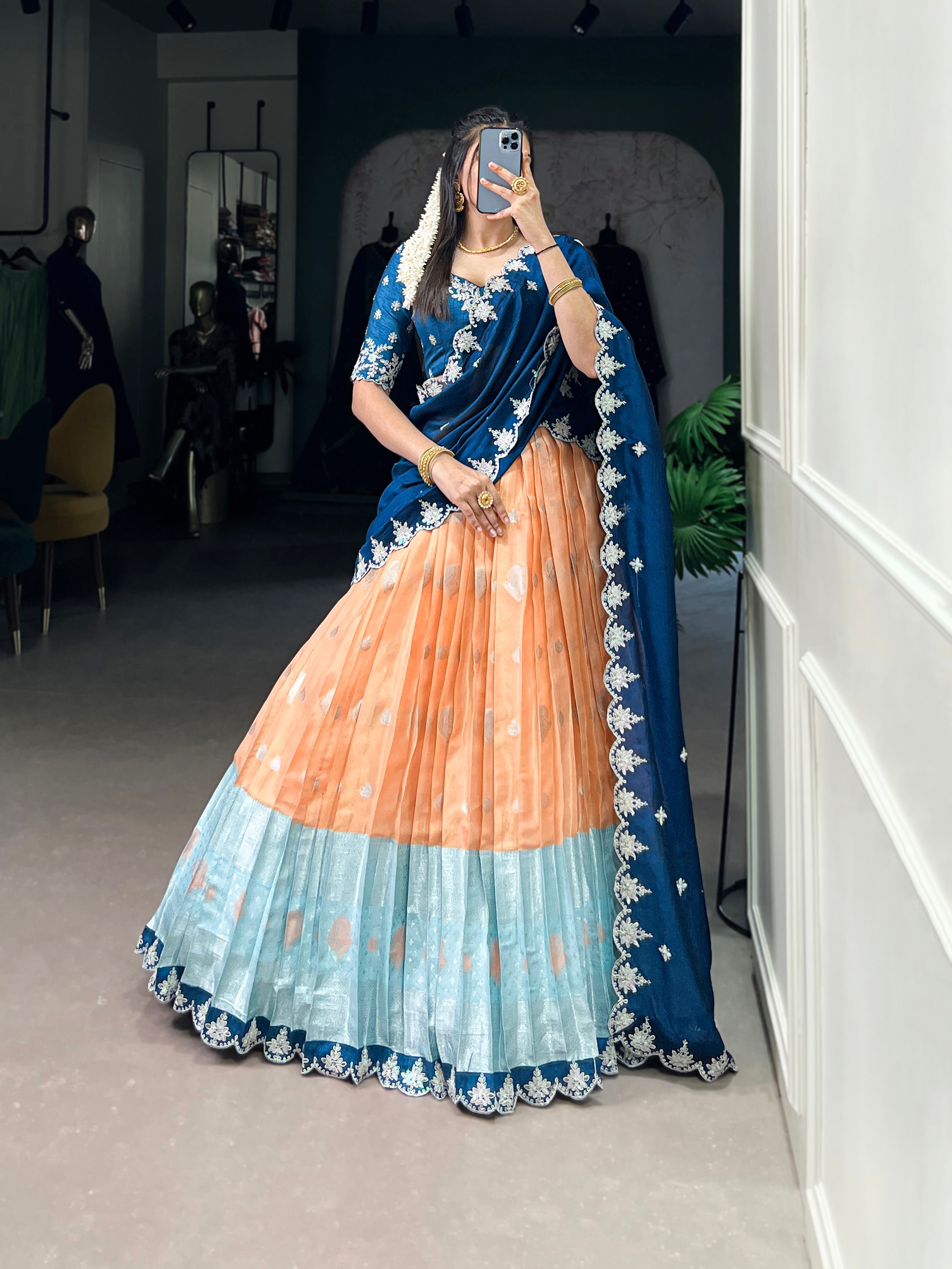 Lorenvalley Orange Zari Kota Zari Weaving Work With Sequins and Thread Embroidery Scallop Lace Border Lehenga Choli with Dupatta