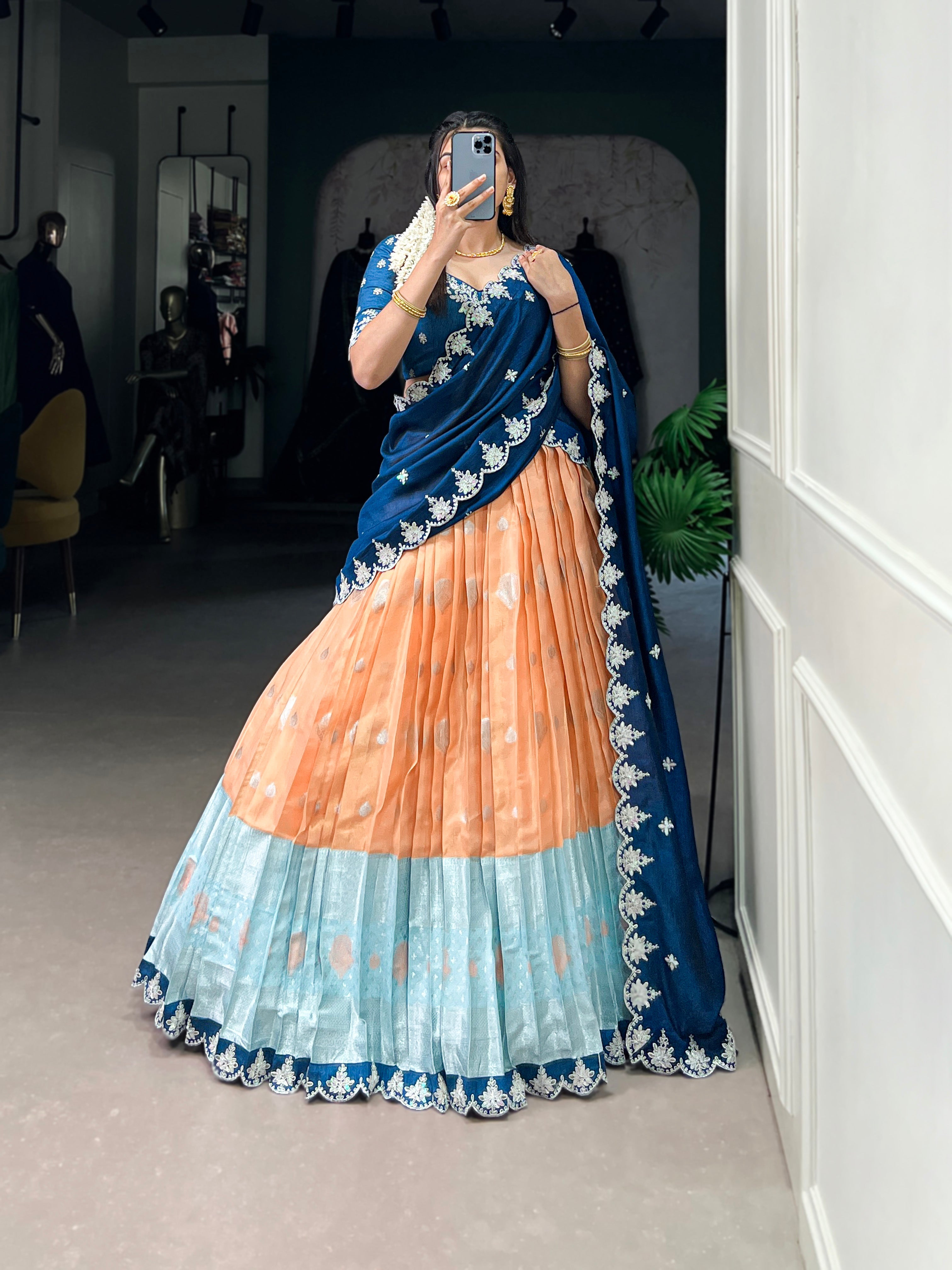 Lorenvalley Orange Zari Kota Zari Weaving Work With Sequins and Thread Embroidery Scallop Lace Border Lehenga Choli with Dupatta