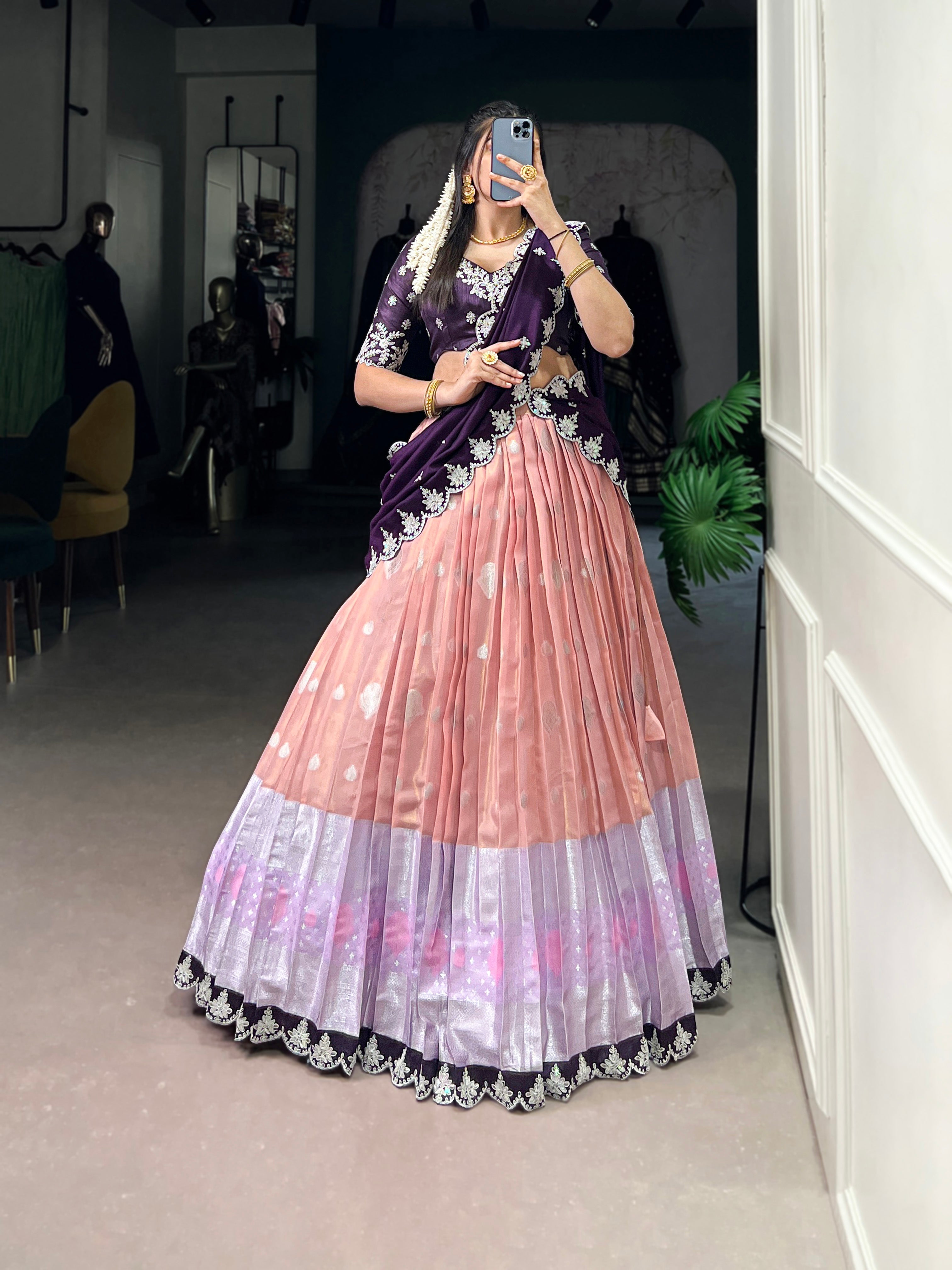 Lorenvalley Peach Zari Kota Zari Weaving Work With Sequins and Thread Embroidery Scallop Lace Border Lehenga Choli with Dupatta