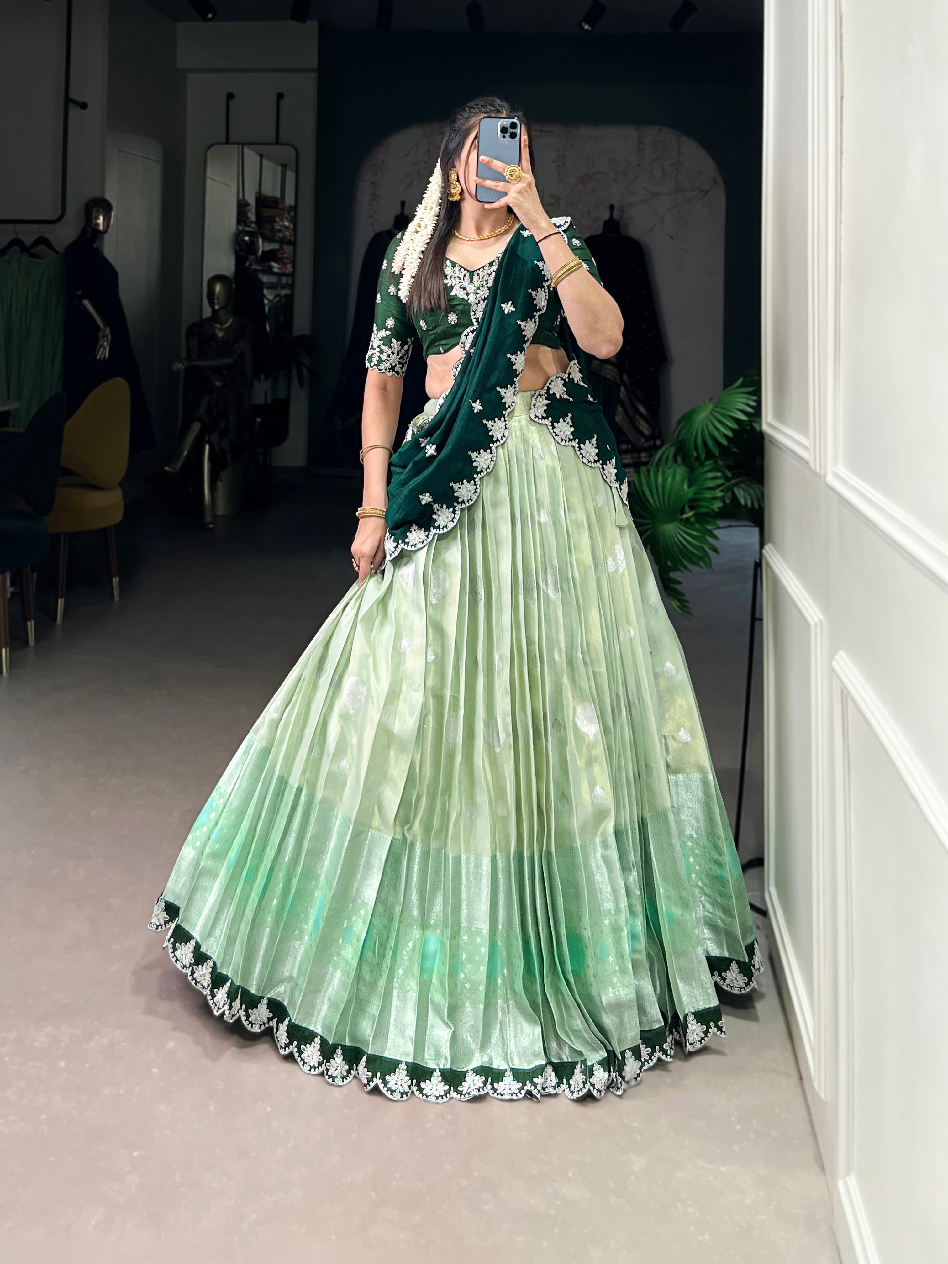 Lorenvalley Pista Zari Kota Zari Weaving Work With Sequins and Thread Embroidery Scallop Lace Border Lehenga Choli with Dupatta