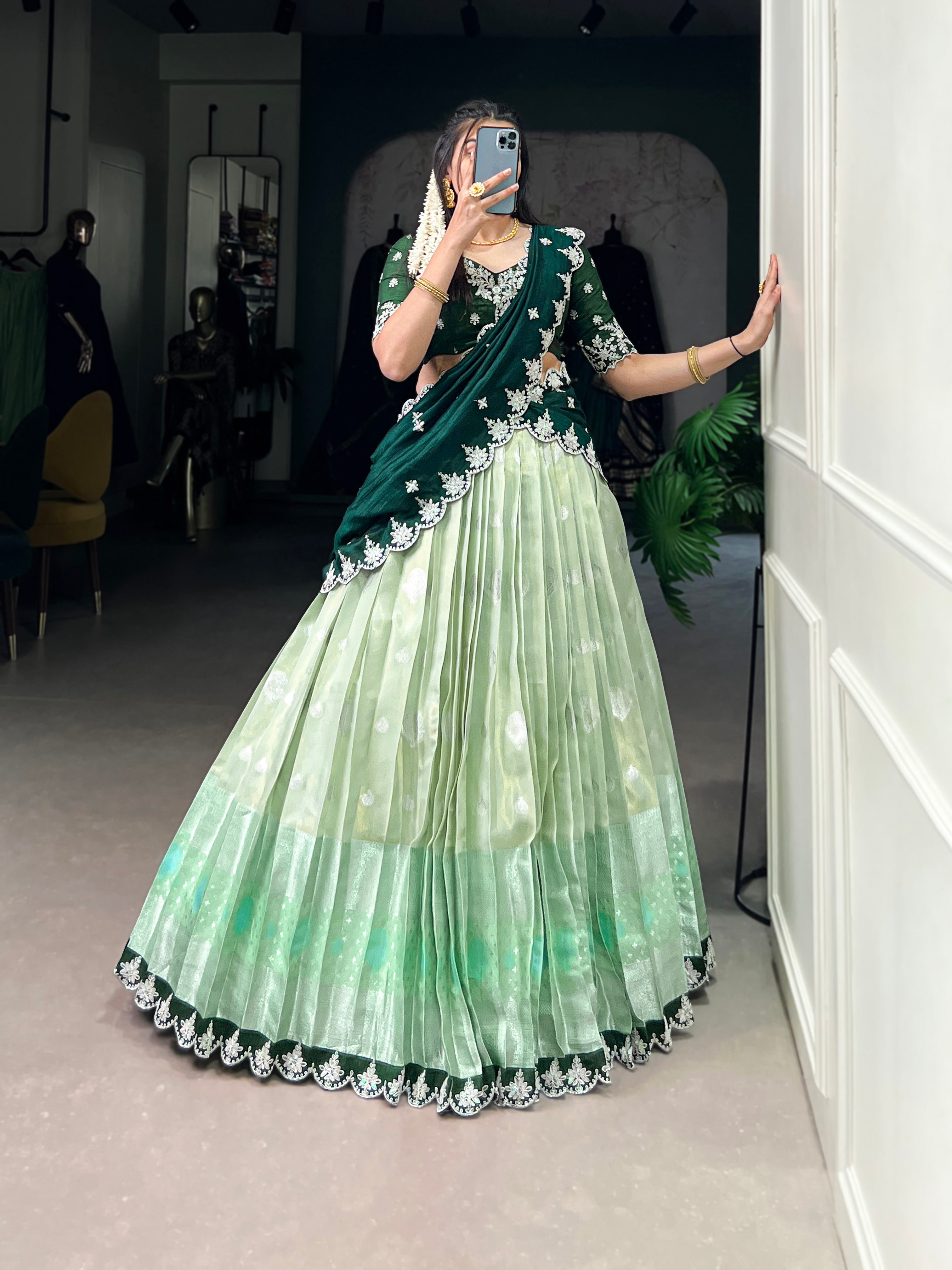 Lorenvalley Pista Zari Kota Zari Weaving Work With Sequins and Thread Embroidery Scallop Lace Border Lehenga Choli with Dupatta