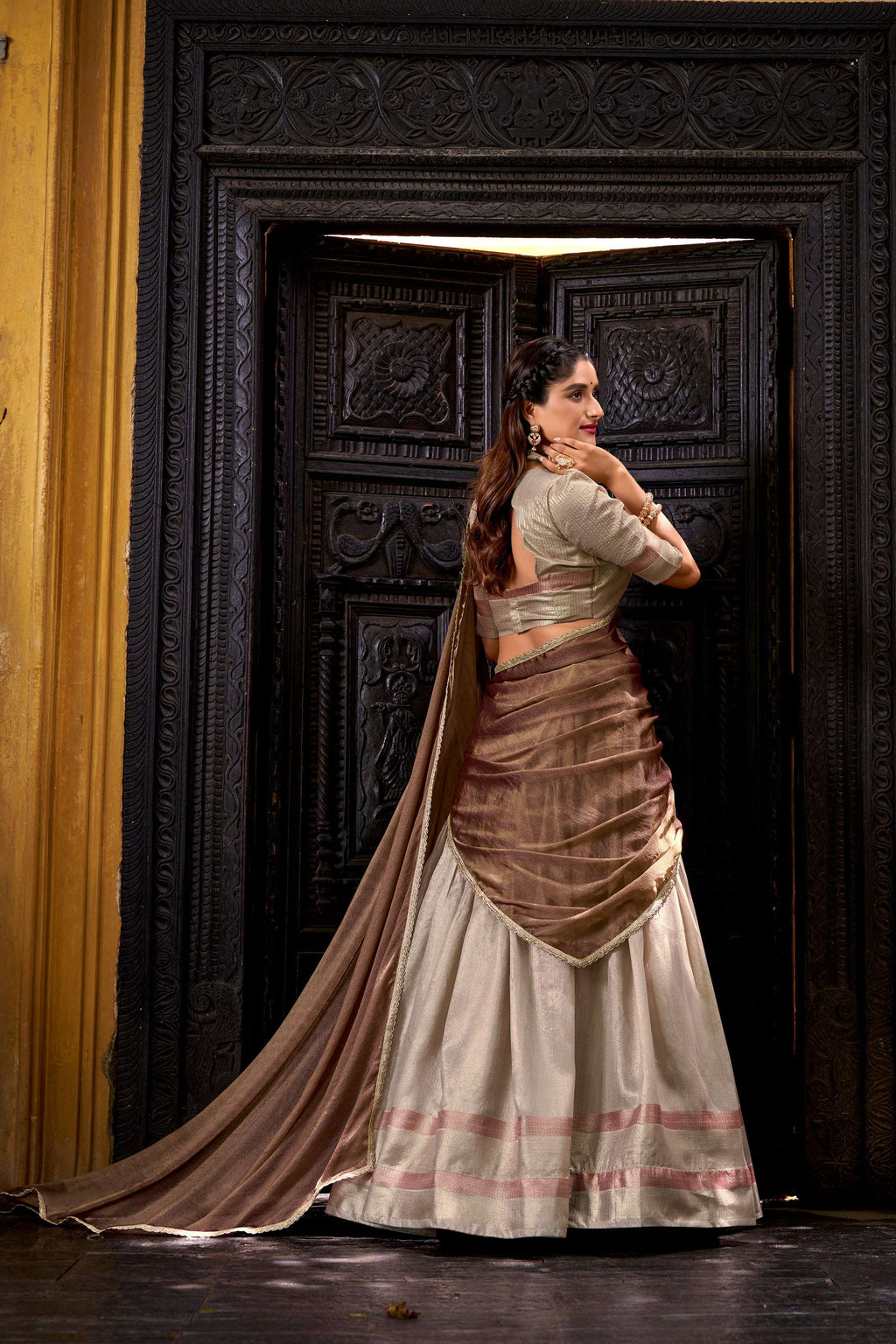 Evanik Traditional Cream Dupion Silk With Zari Weaving Work Fully Stitched Lehenga Choli